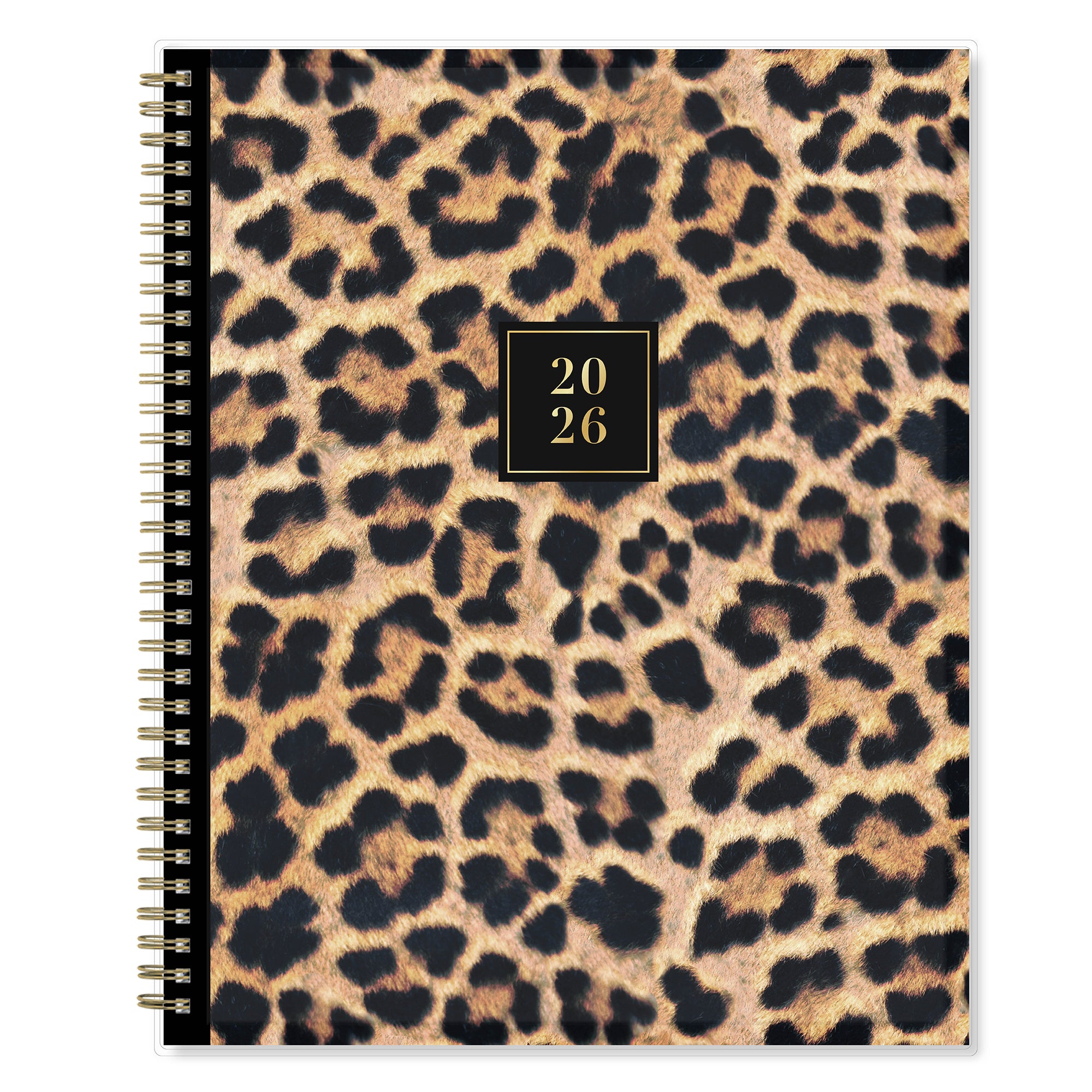Leopard print planner with a gold spiral binding and &