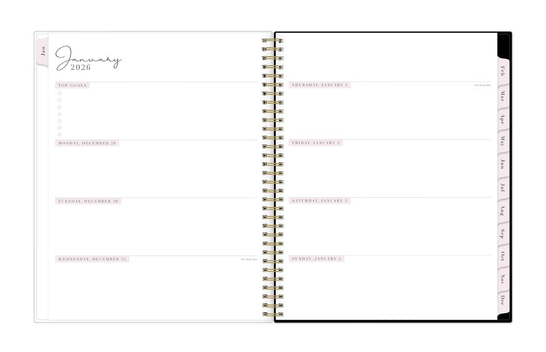 weekly spread with blank writing space for each day, to do list, top goals, and blush monthly tabs for 2026 8.5x11 planner