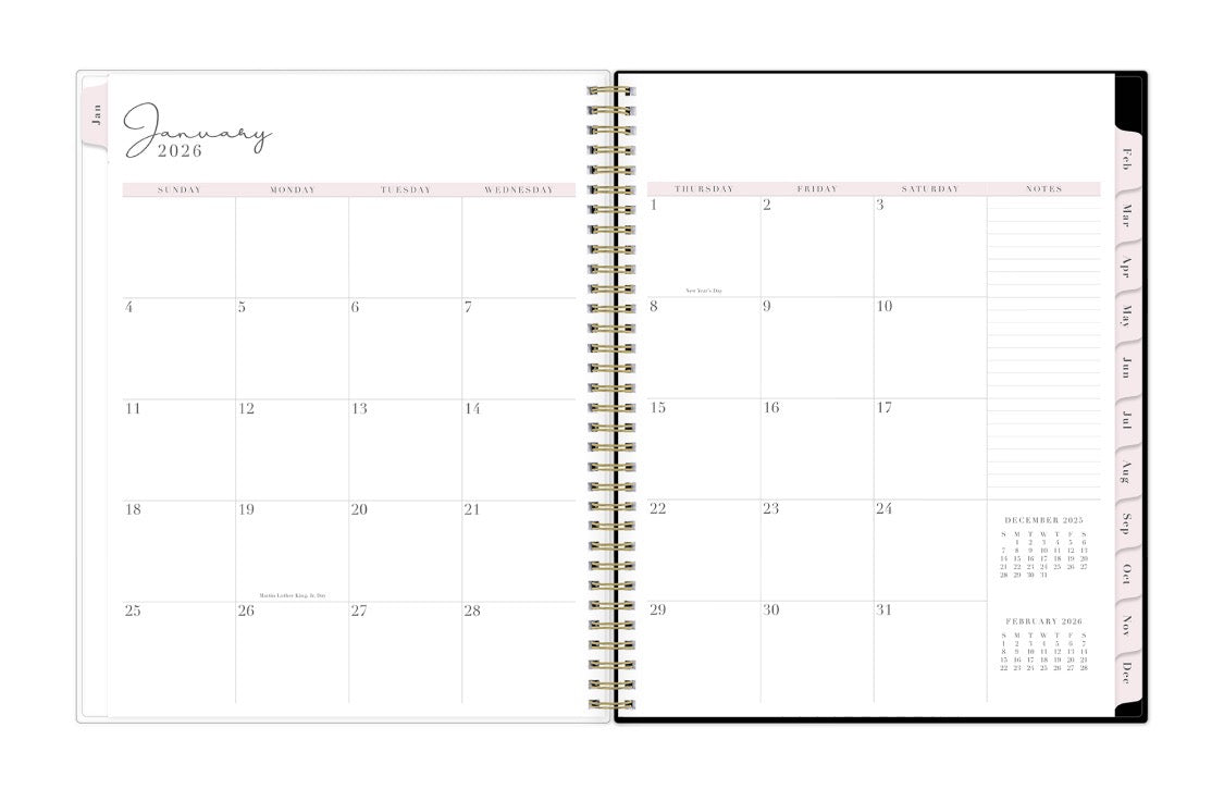 monthly spread with blank writing space for each day, to do list, top goals, and blush monthly tabs for 2026 8.5x11 planner
