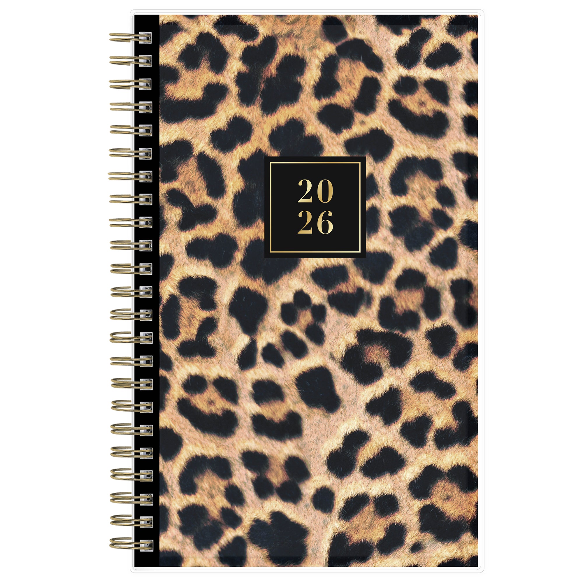 Leopard print planner with a gold spiral binding and &