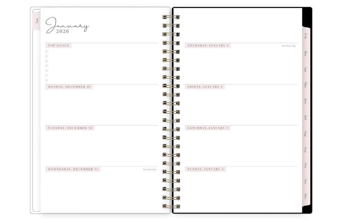 weekly spread with blank writing space for each day, to do list, top goals, and blush monthly tabs for 2026 5x8 planner