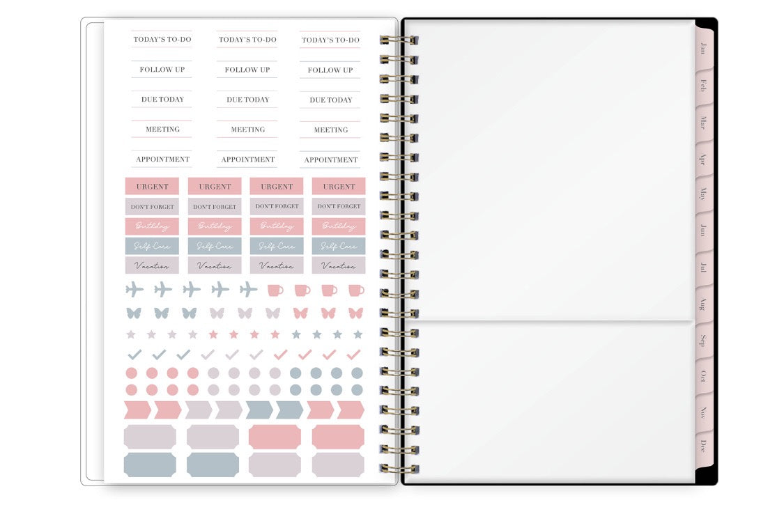 storage pocket, sticker sheeet, and yearly overview for 2026 and 2027