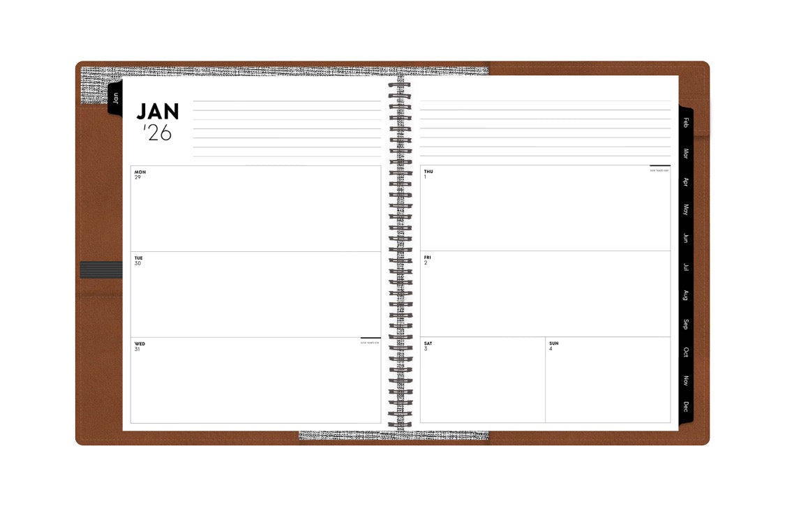 January 2026 - December 2026 weekly monthly planner in 8.5x11 size inserted into a faux leather cover displaying a weekly spread