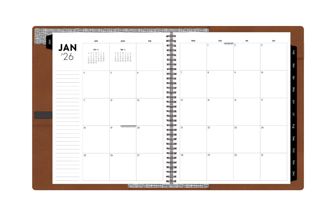 January 2026 - December 2027 weekly monthly planner in 8.5x11 size inserted into a faux leather cover displaying a monthly spread