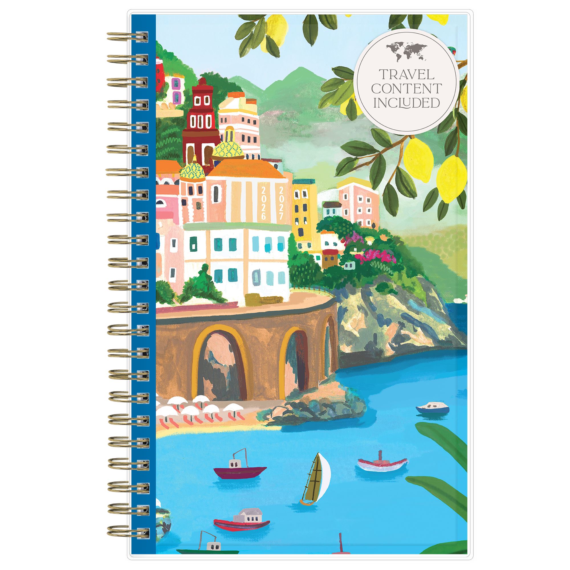 2026-2027 planner with a colorful illustration of a coastal town, boats, and lemon trees.