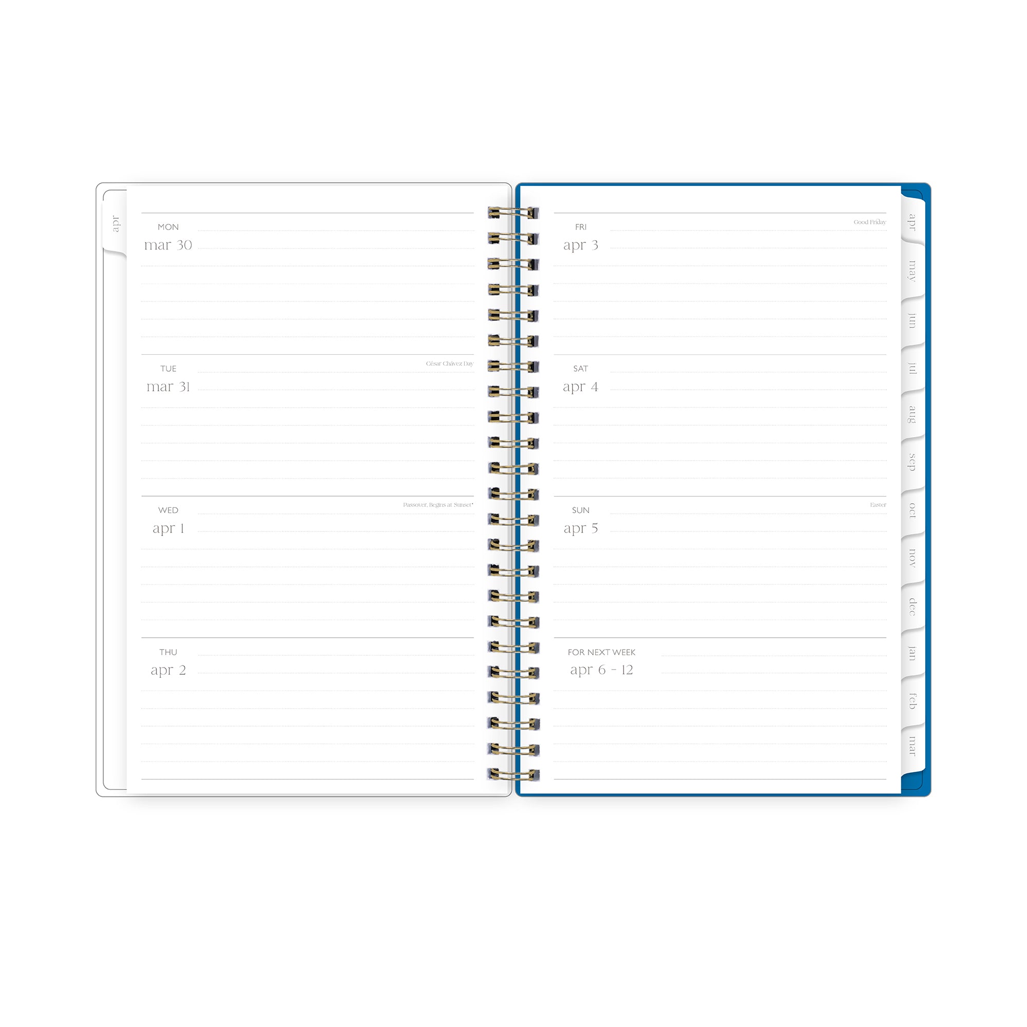 Spiral-bound planner with a to-do list on a table with lemons, a pen, and sunglasses, lined writing space and white monthly tabs