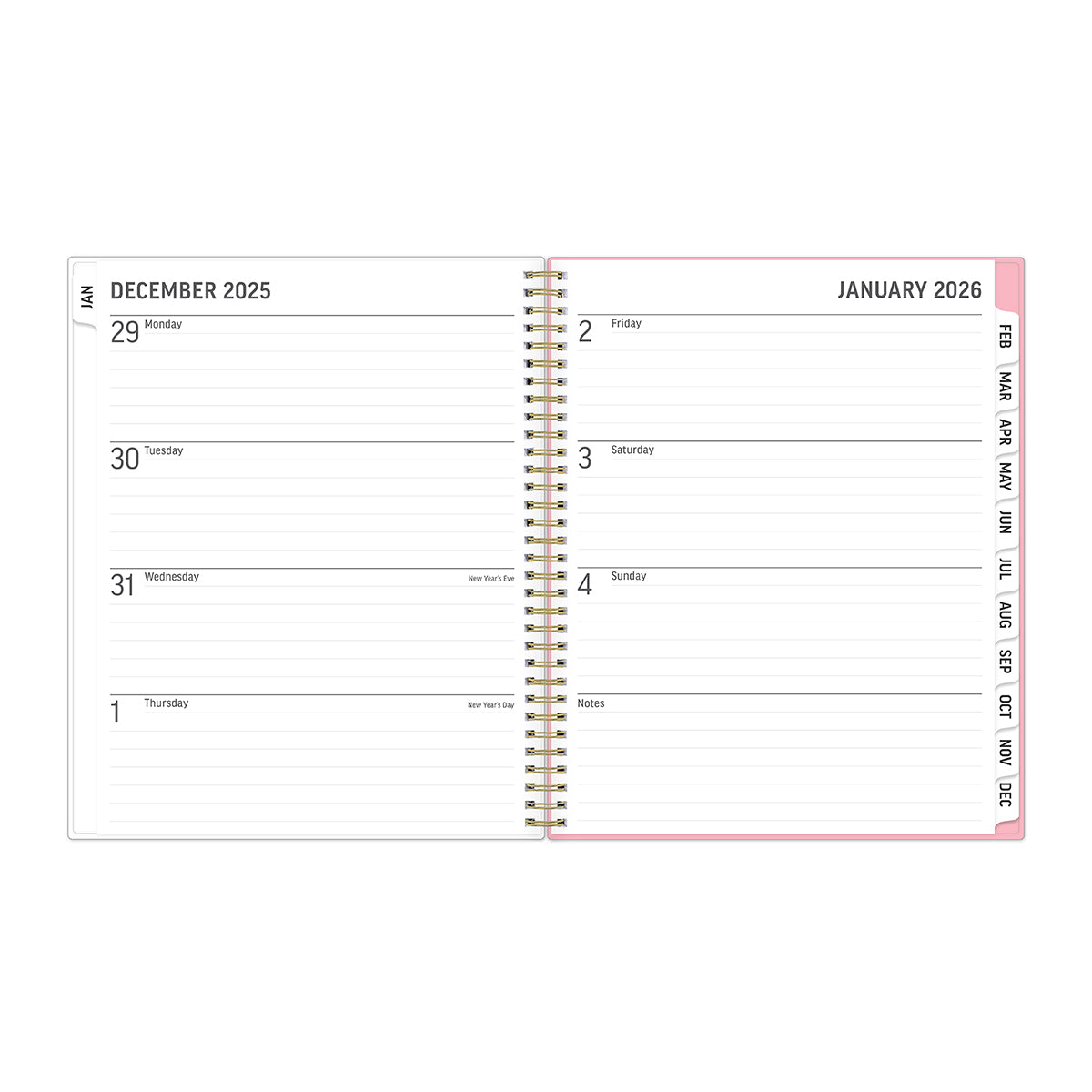 weekly monthly view from january 2026 - december 2026 featuring lined writing space, monthly tabs, and ample space