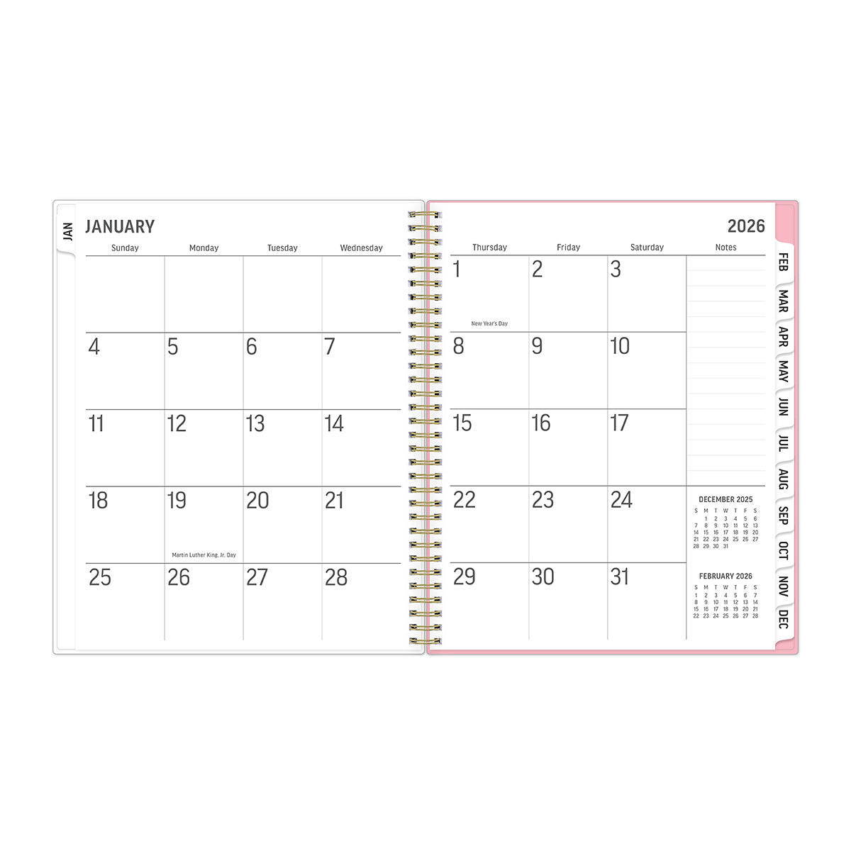 monthly spread featuring blank writing space for each dine, lined writing notes section, and reference calendars.