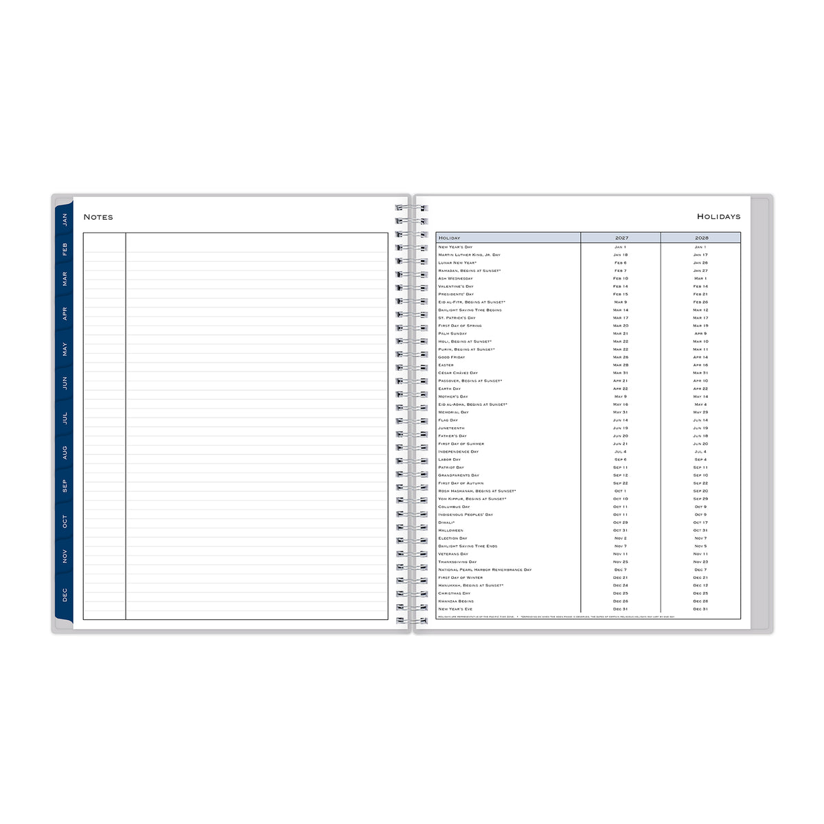 lined notes page with holiday list for this weekly monthly january 2027 to december 2027 planner