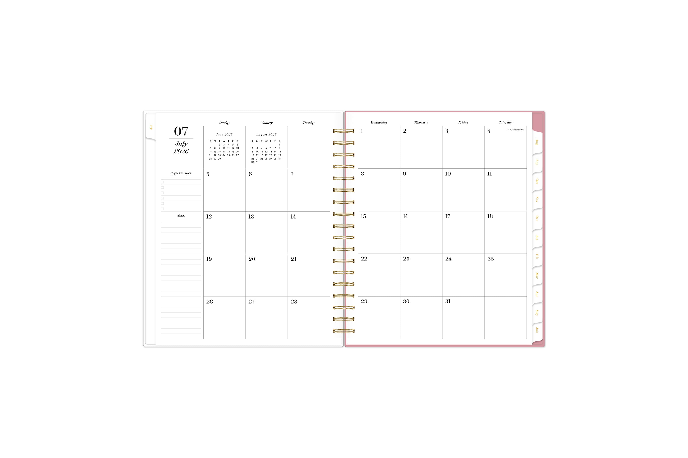 monthly spread featuring blank writing space for each date, lined notes section, reference calendars, and white monthly tabs
