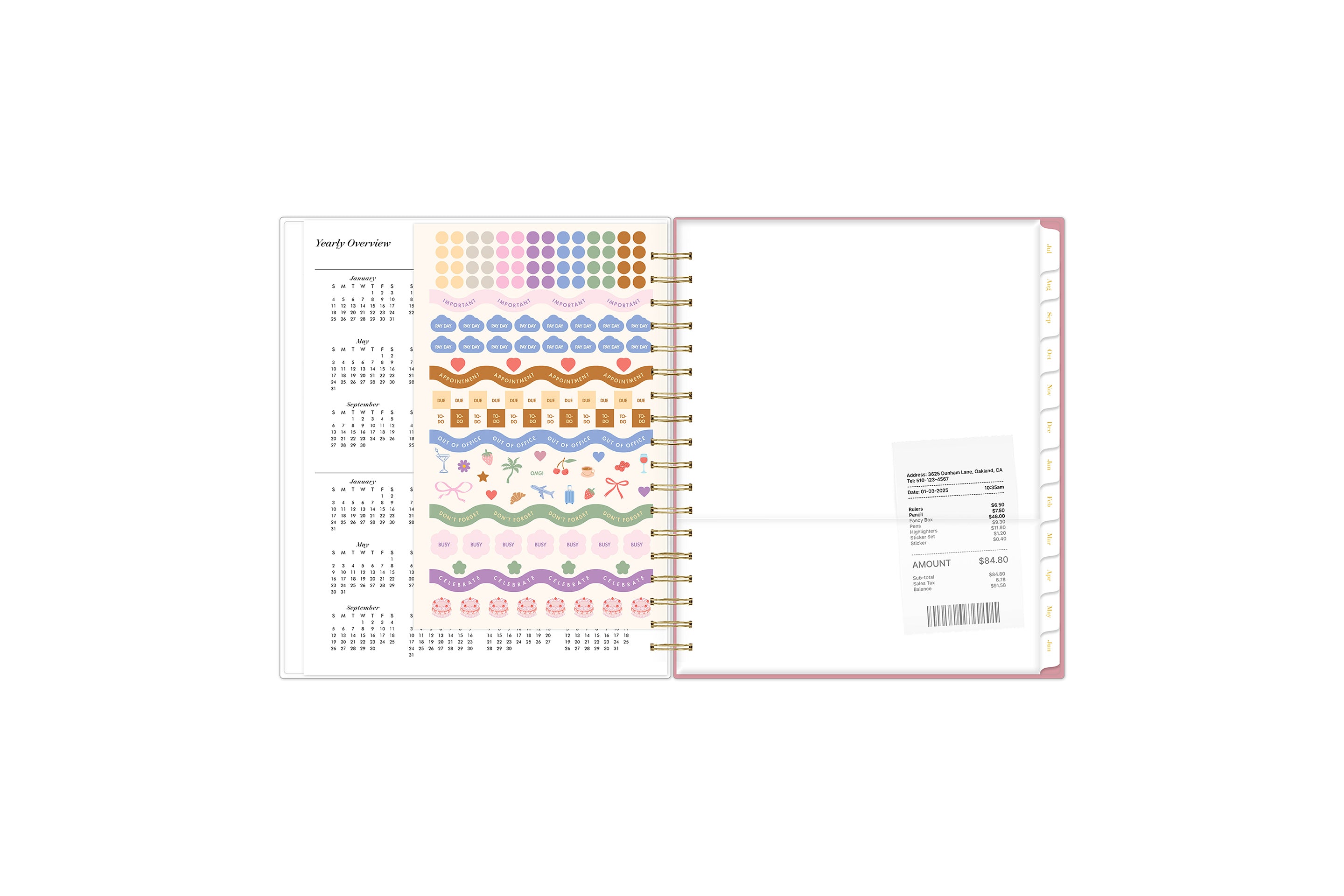 reference calendar for 2026 and 2027 featuring a storage pocket and sticker sheet and white monthly tabs