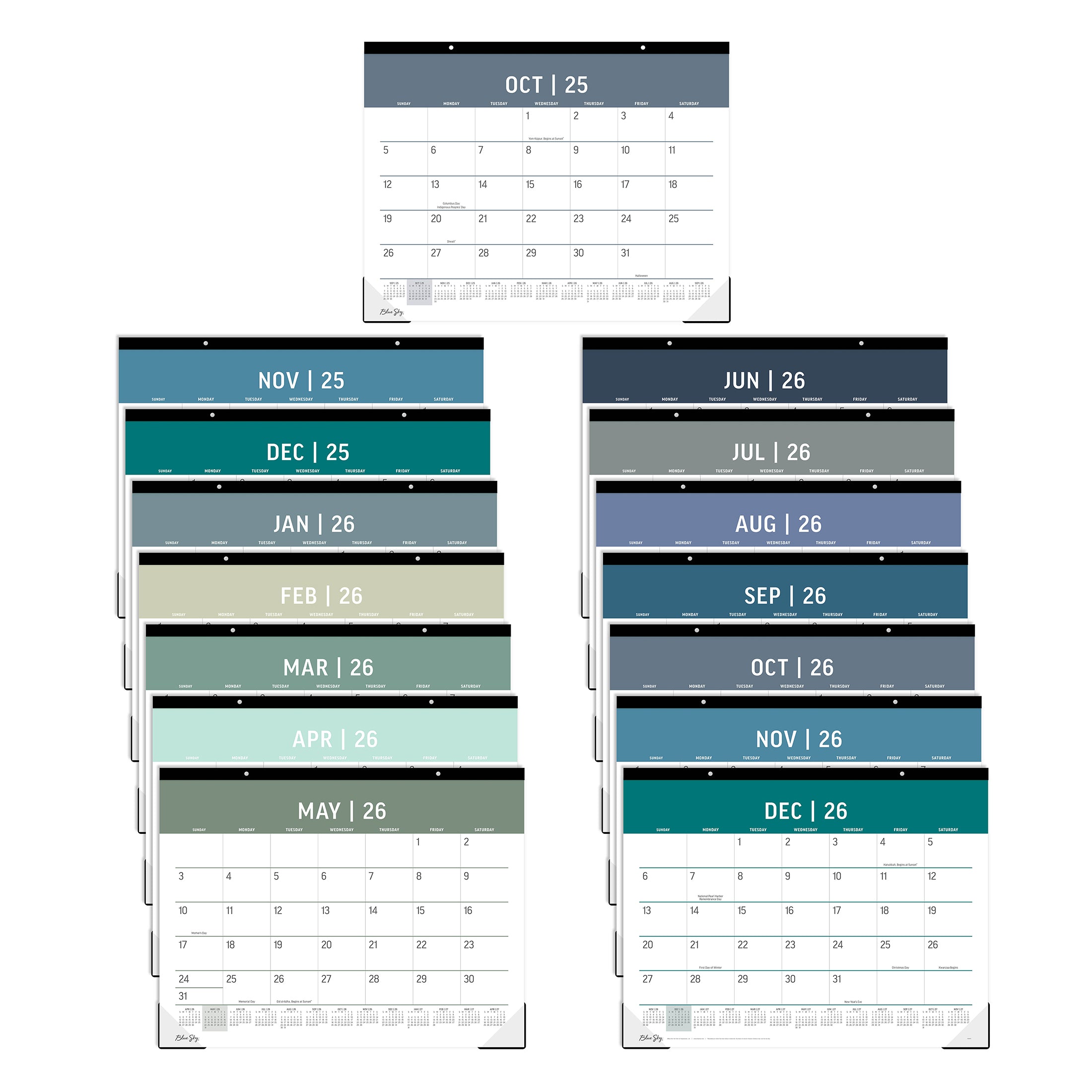 22 x 17 wall calendar for October 2025 - December 2026 multi color assorted pages