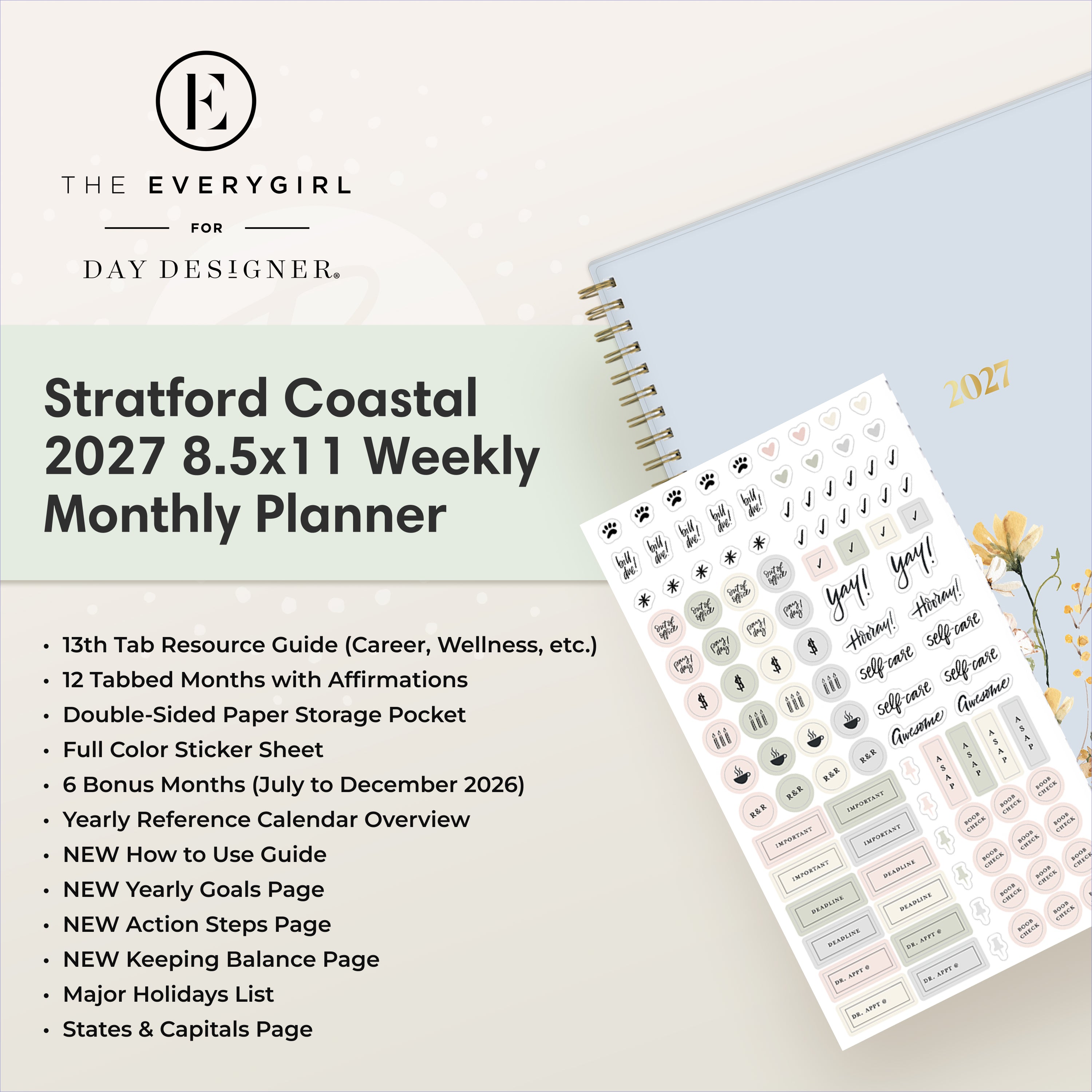 planner featuring bonus content like yearly overview, important dates, holidays, states and capitals