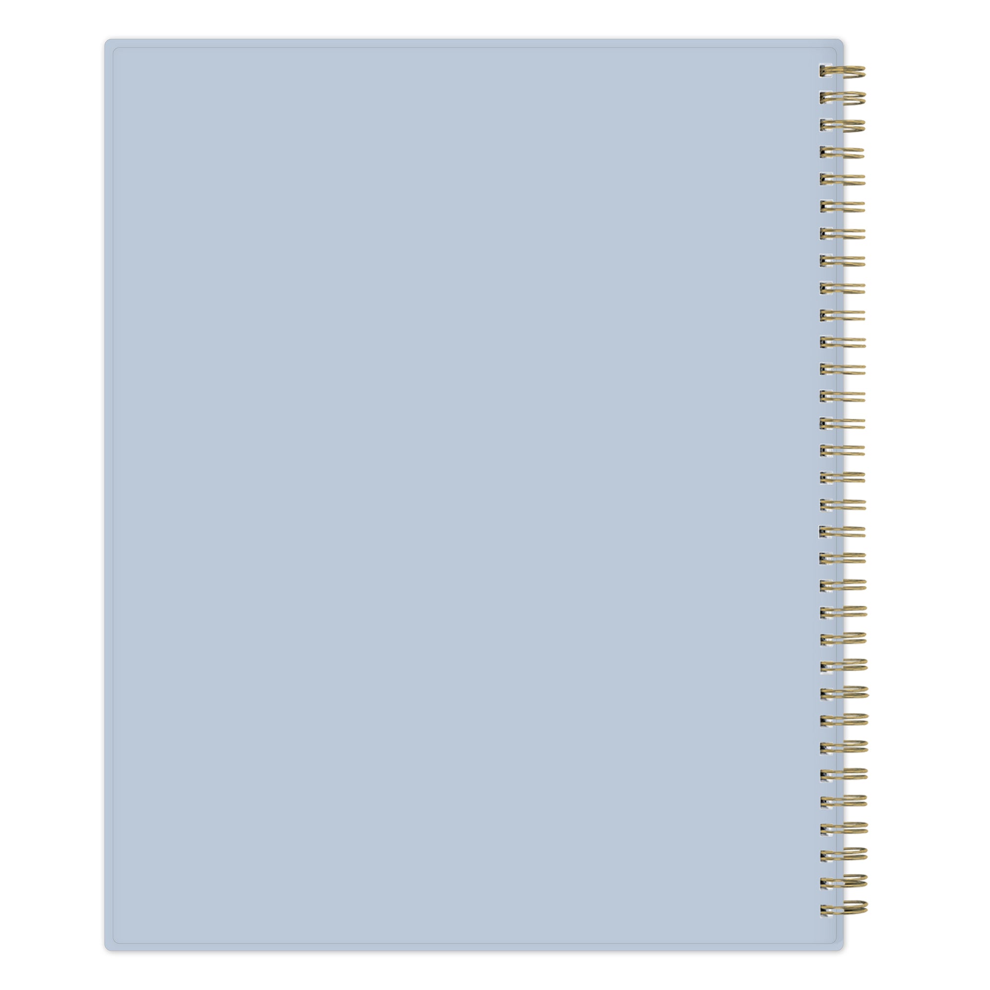 Light blue back cover with gold spiral binding on a white background