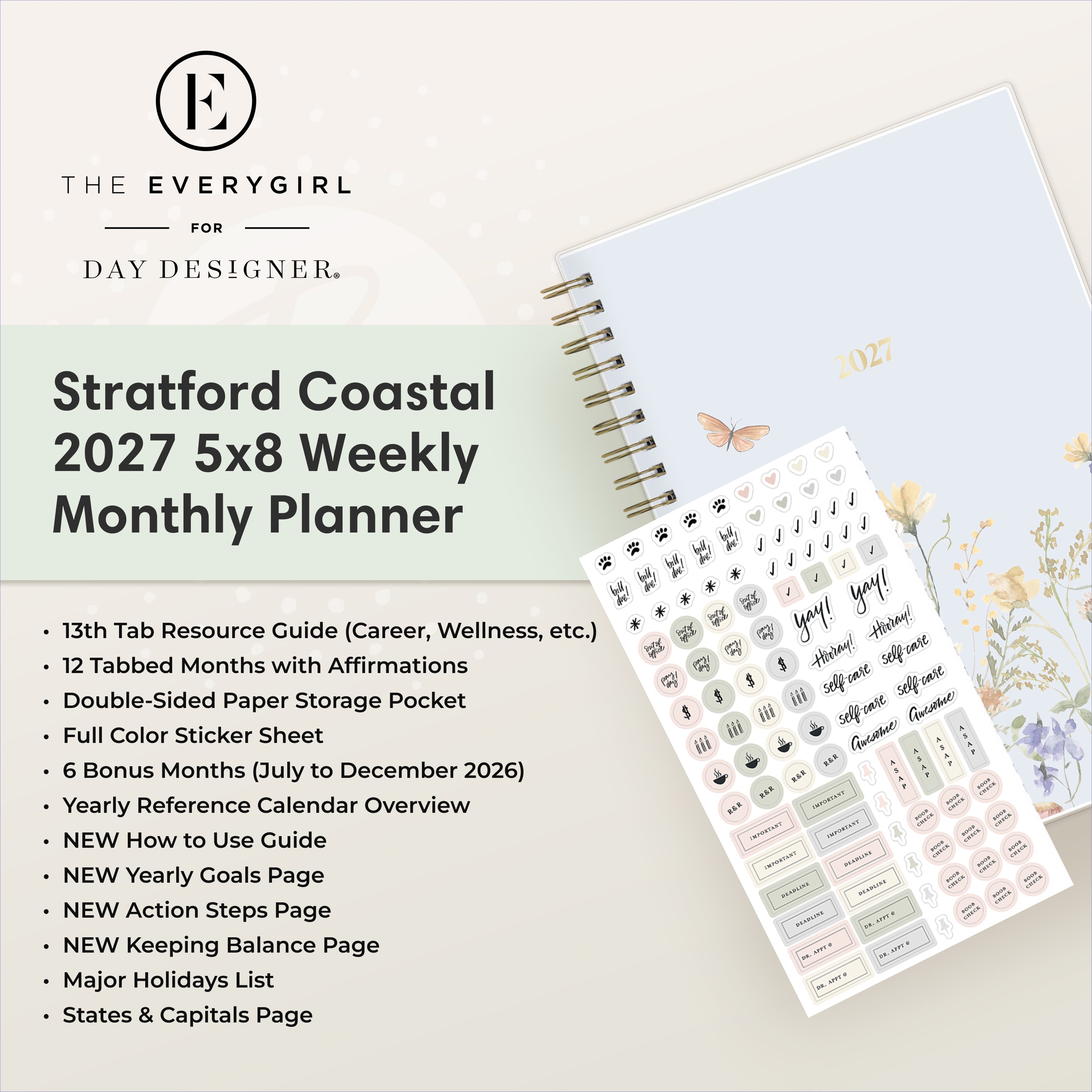 planner featuring bonus content like yearly overview, important dates, holidays, states and capitals