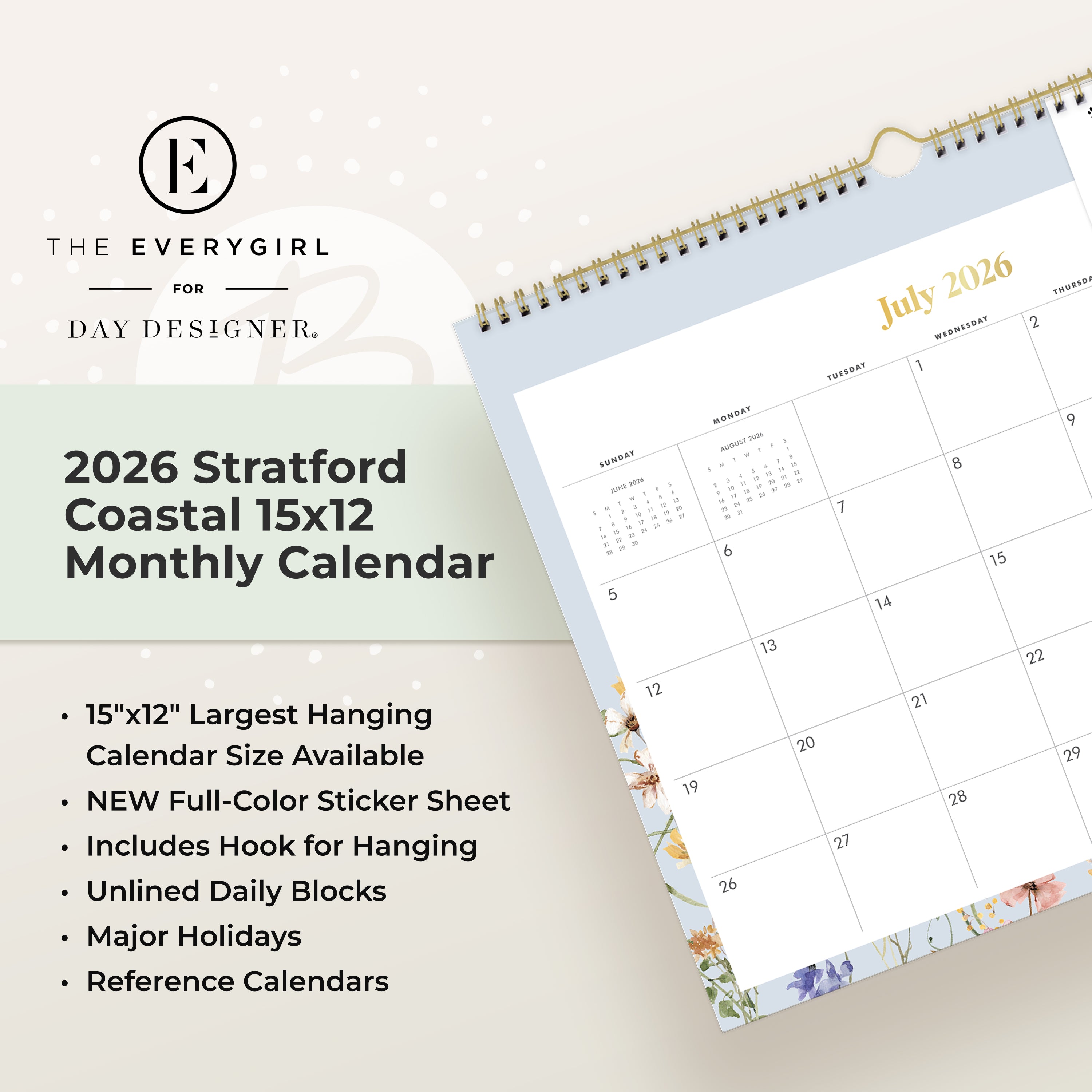 Calendar for July 2026-June 2027 with floral design and motivational stickers on a white background, ample blank writing space and reference calendars