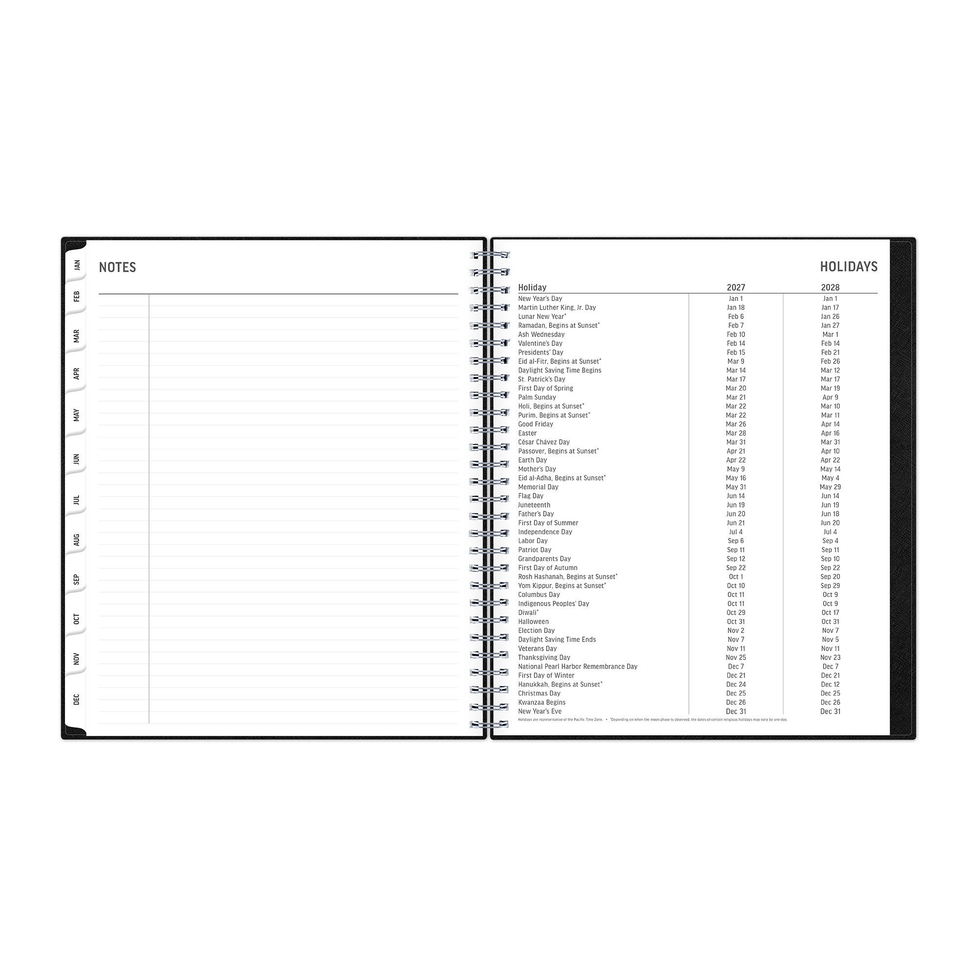lined notes section on this 2027 8.5x11 planner with holidays listed on the right side and white monthly tabs