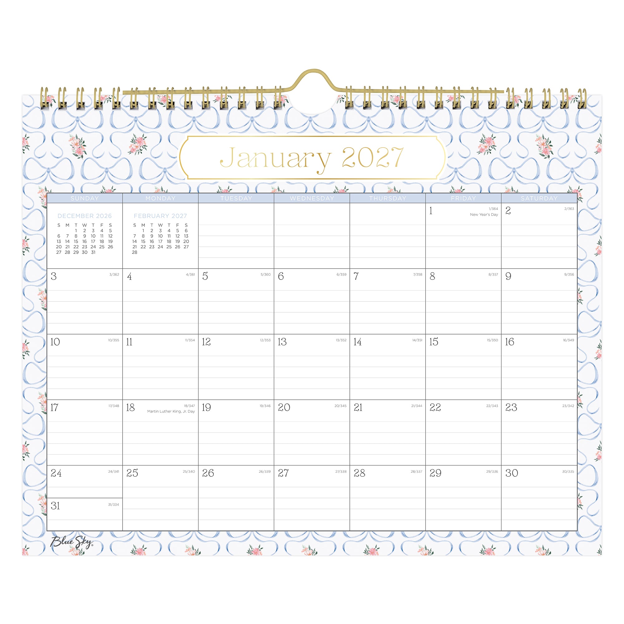 Calendar for January 2027 with decorative border and gold spiral binding.
