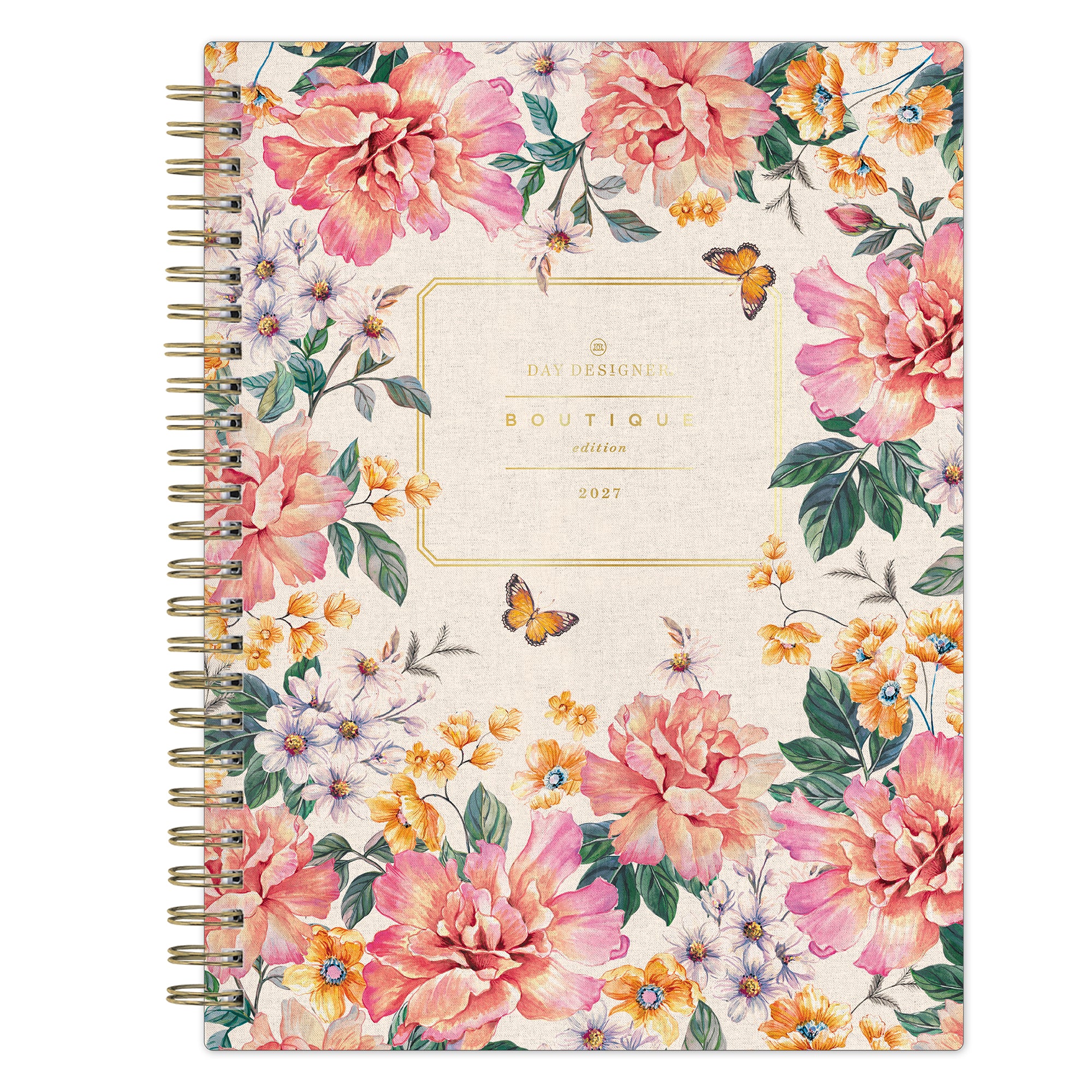 Floral monthly planner with a decorative cover featuring pink and orange flowers, green leaves, and butterflies for 2027 new year in 6x8 size