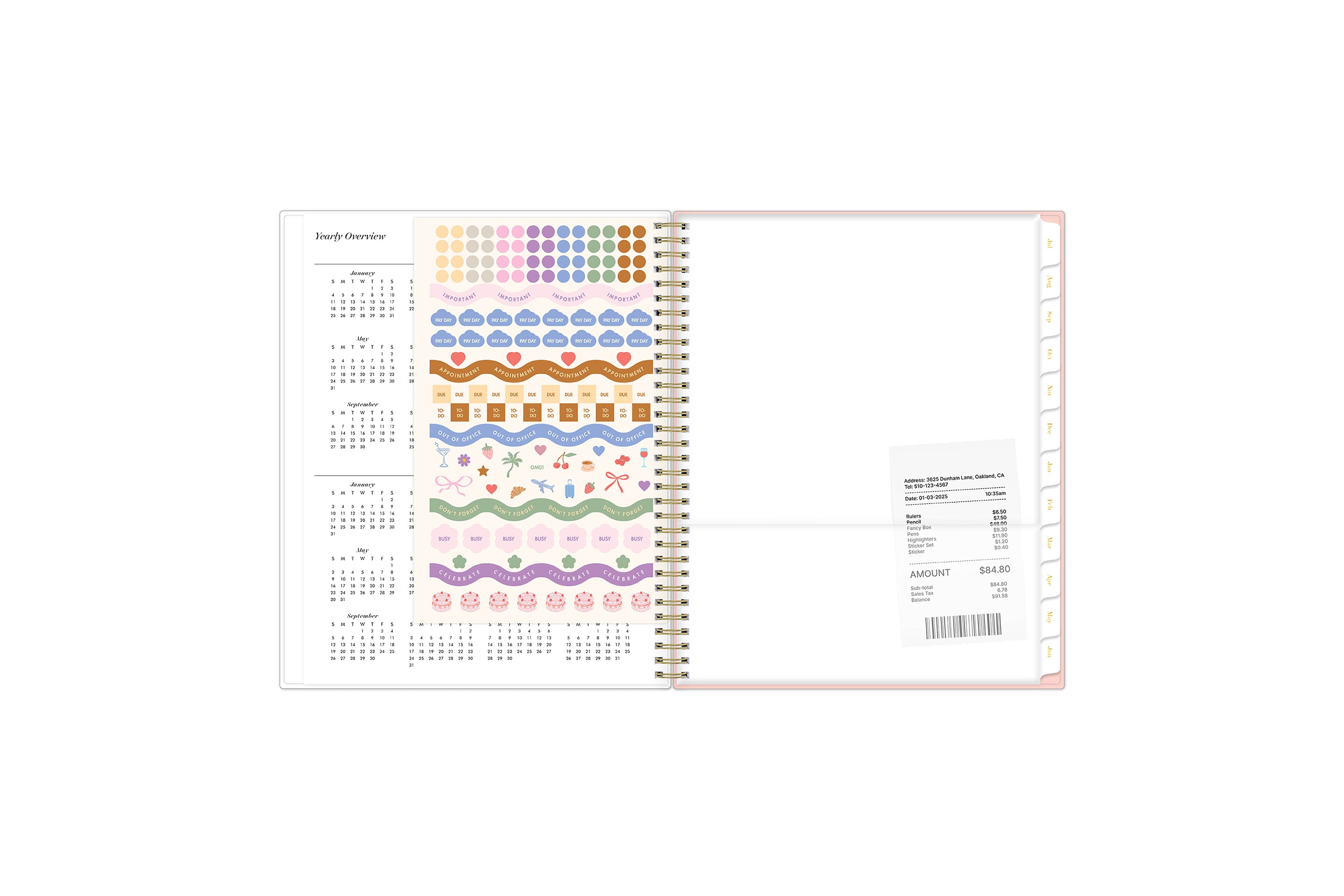 reference calendar for 2026 and 2027 featuring a storage pocket and sticker sheet and white monthly tabs