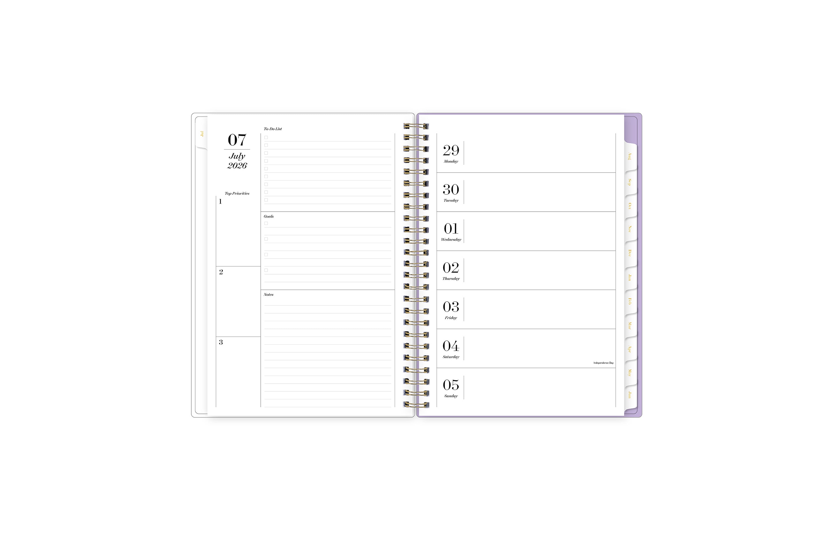 weekly open spread for this sincerely jules x blue sky planner featuring ample lined writing space, and notes section, and white monthly tabs