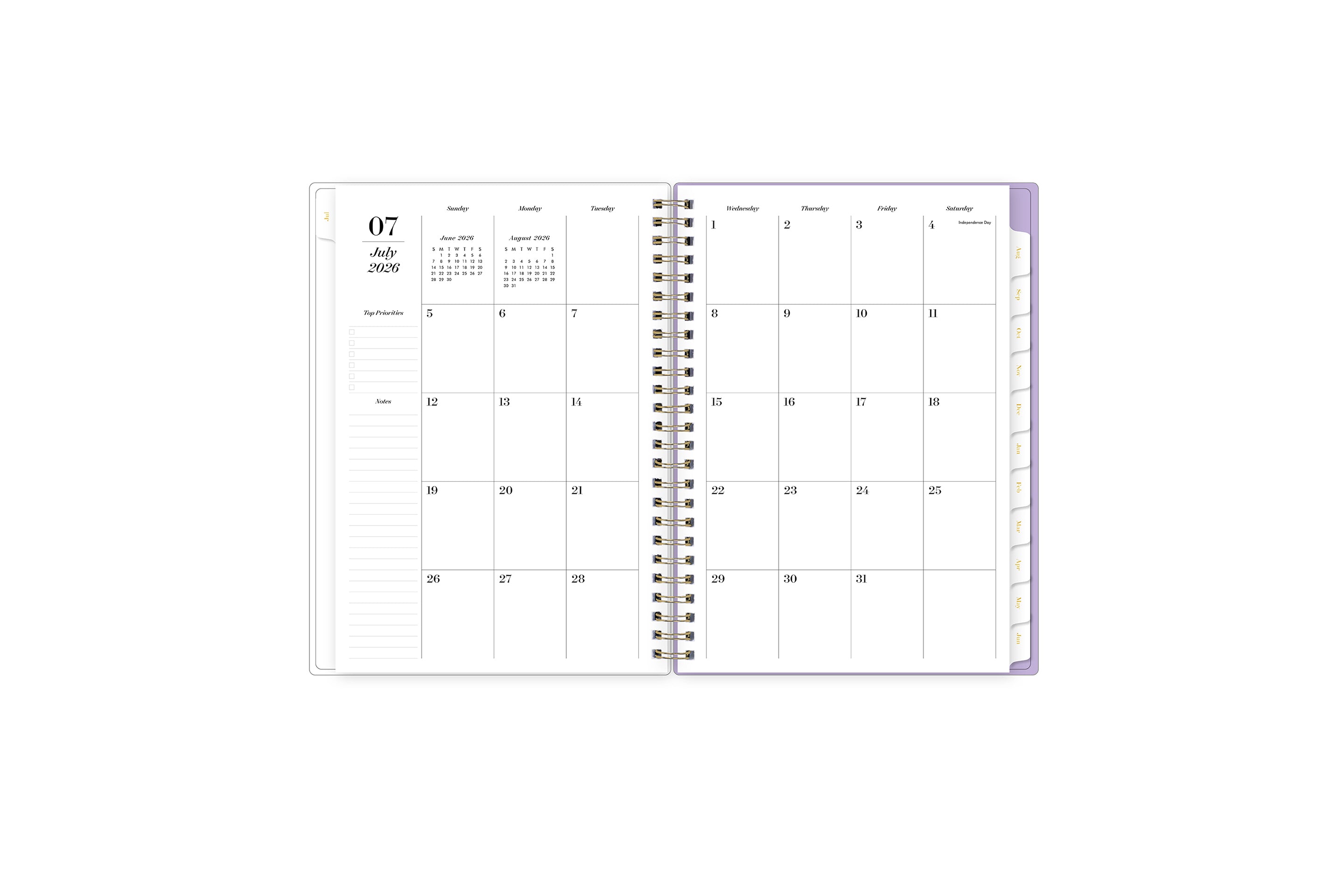 monthly spread featuring blank writing space for each date, lined notes section, reference calendars, and white monthly tabs