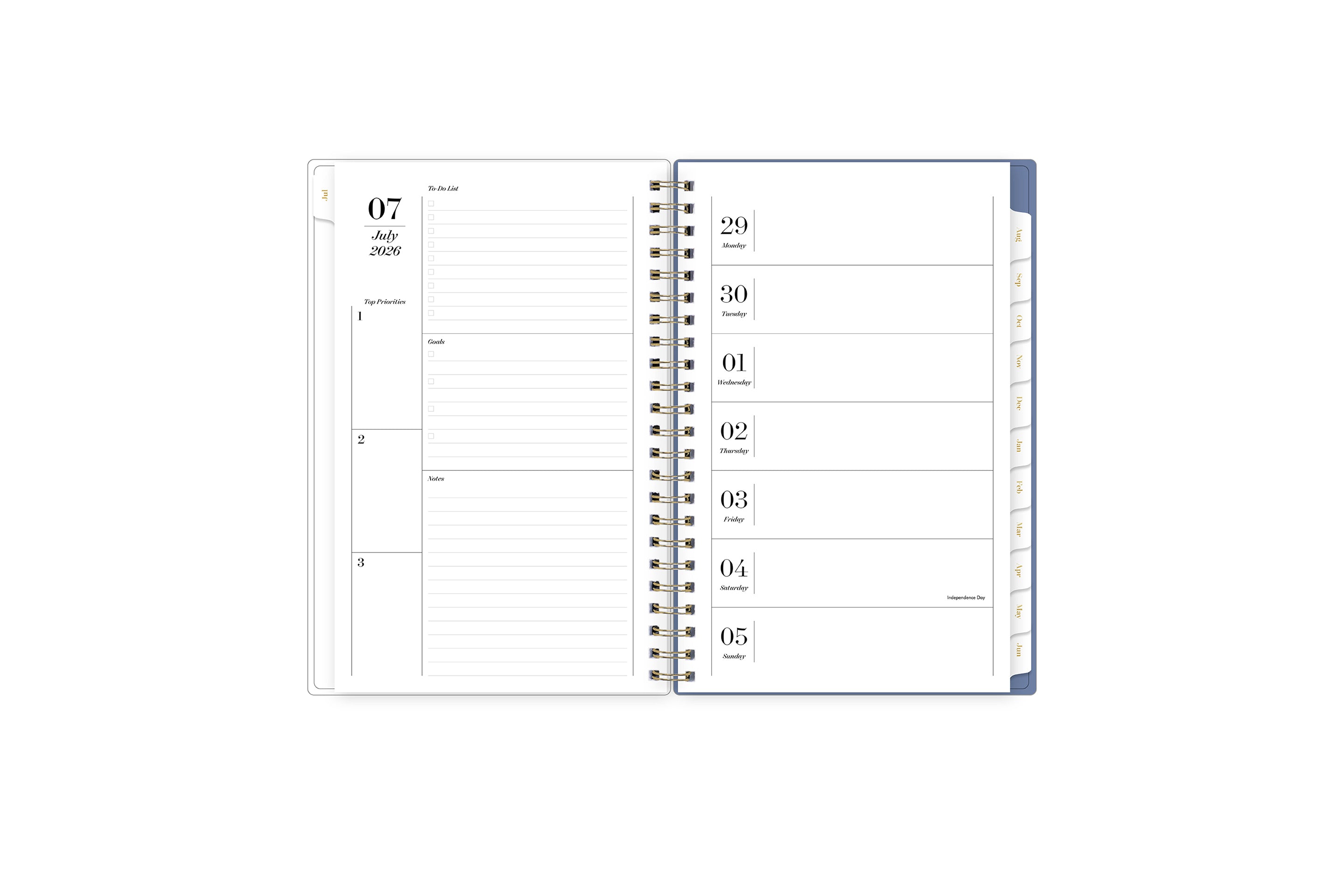 weekly open spread for this sincerely jules x blue sky planner featuring ample lined writing space, and notes section, and white monthly tabs