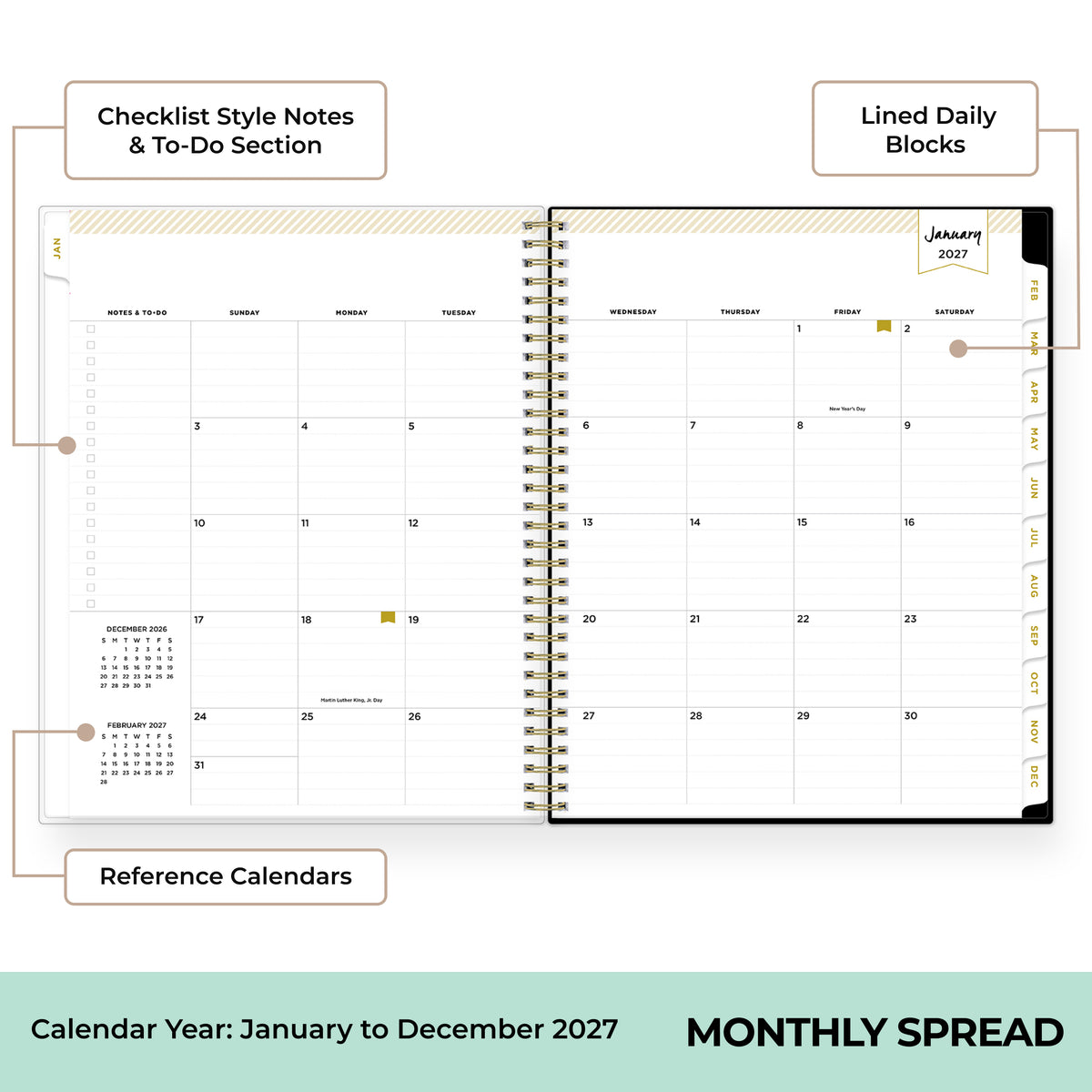 An open spiral-bound monthly planner spread showing a calendar layout for January 2027, with callout labels pointing to checklist style notes and to-do sections, lined daily blocks, and reference calendars on a white background.