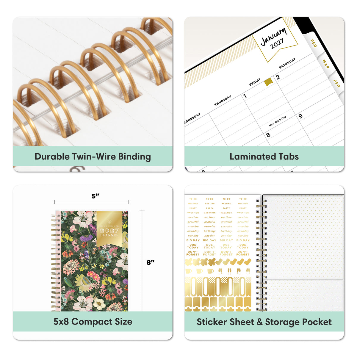 A 2x2 feature collage for a compact spiral planner. The top-left panel shows gold twin-wire binding, gold sticker sheet