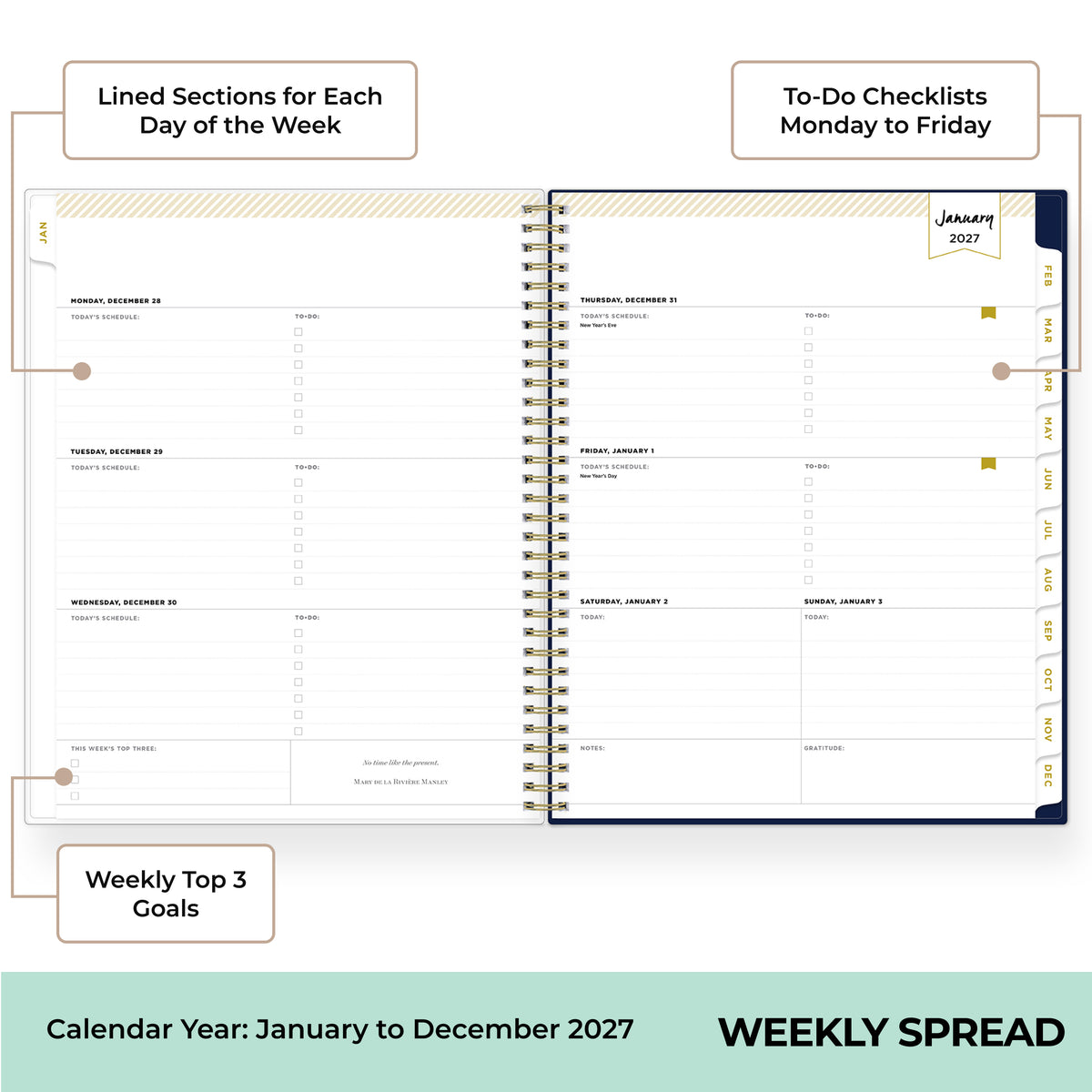 A spiral-bound weekly planner spread shown on a white background with callout labels explaining features like lined sections, to-do checklists, and weekly goals. The bottom banner reads &