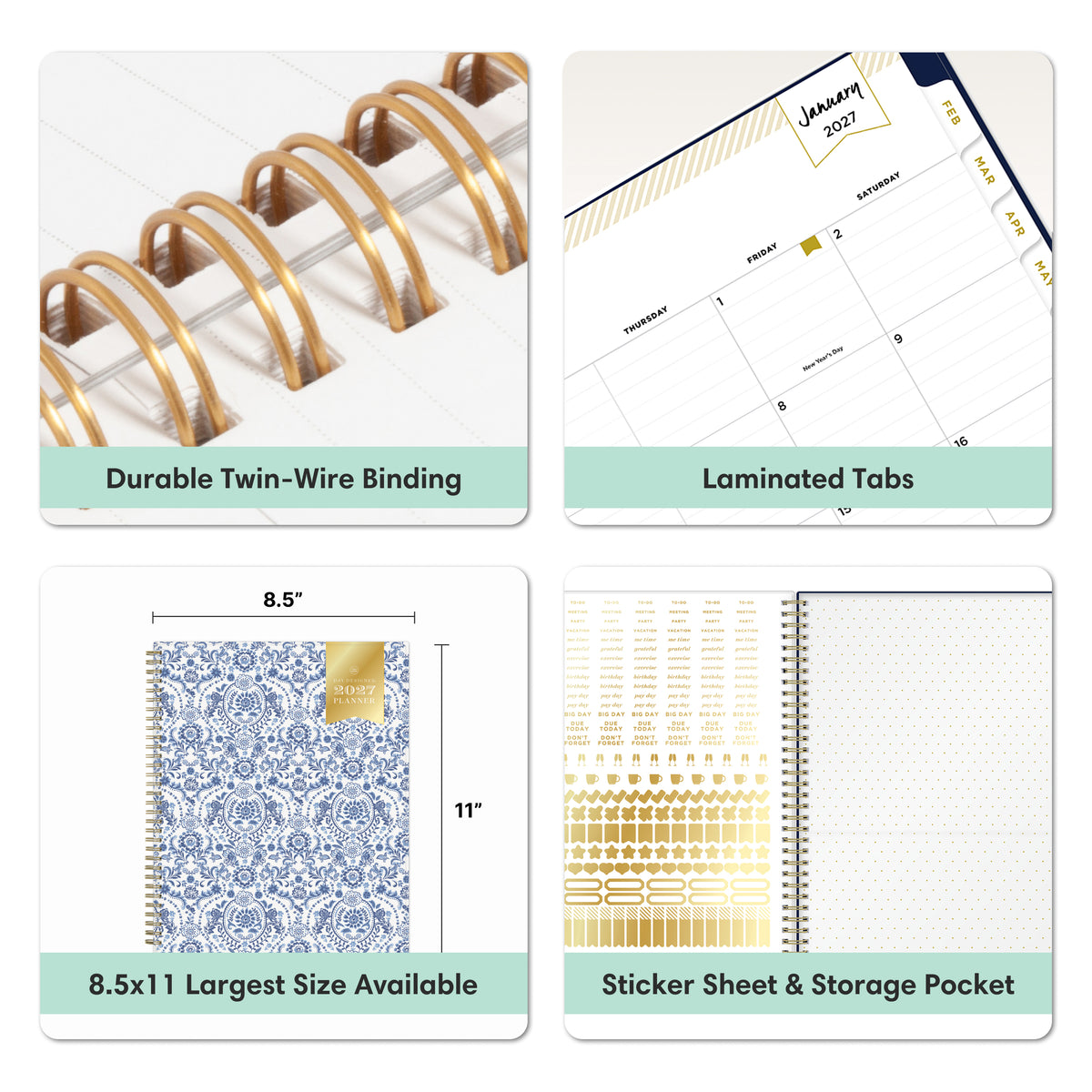 Four-panel product feature graphic for a spiral-bound planner notebook. Top-left shows close-up gold twin-wire binding over white pages, gold sticker sheet