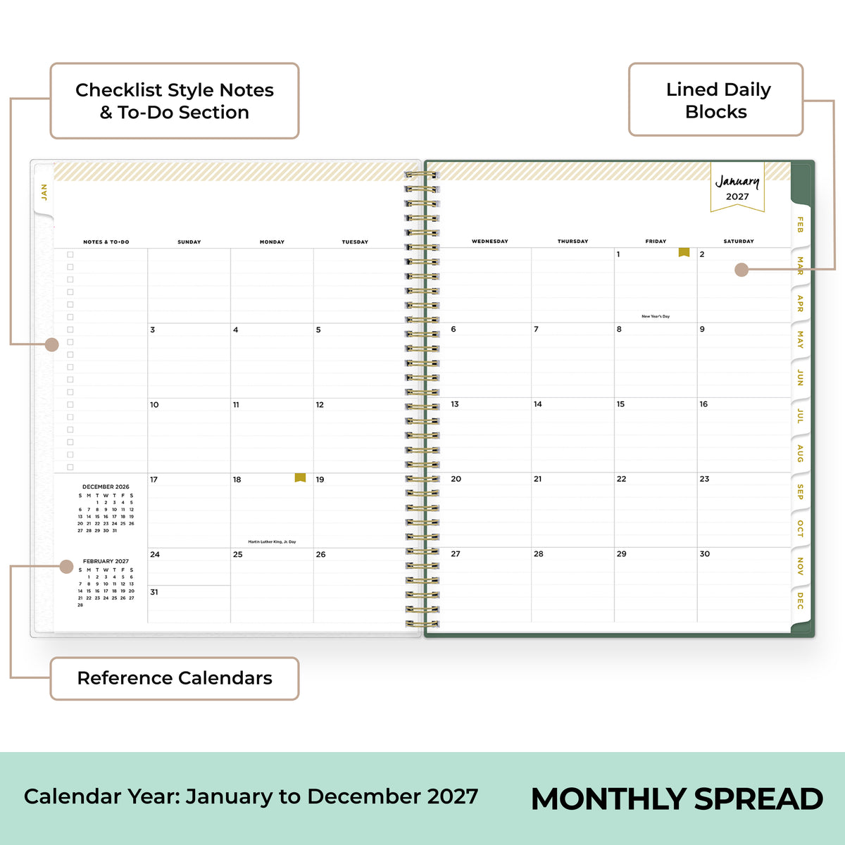 An open spiral-bound monthly planner spread showing lined daily blocks, checklist style notes and to-do sections, and reference calendars, with text labels pointing to features on a white background.