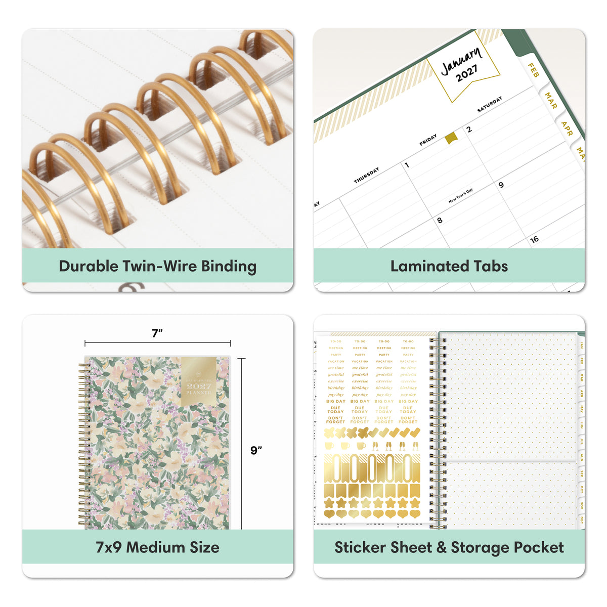 Four-panel product feature graphic for a floral planner binder. Top-left shows a close-up of gold twin-wire binding.