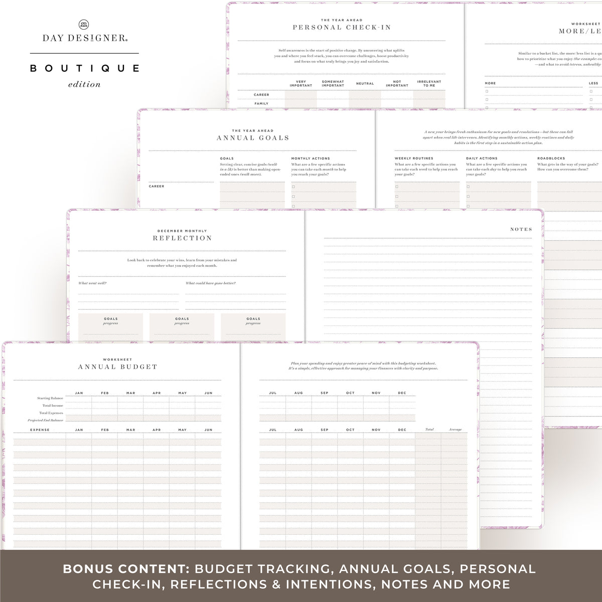 A collage of printable planner pages from Day Designer Boutique edition, including personal check-in, annual goals, reflection, and annual budget sheets, with a brown banner at the bottom reading bonus content.
