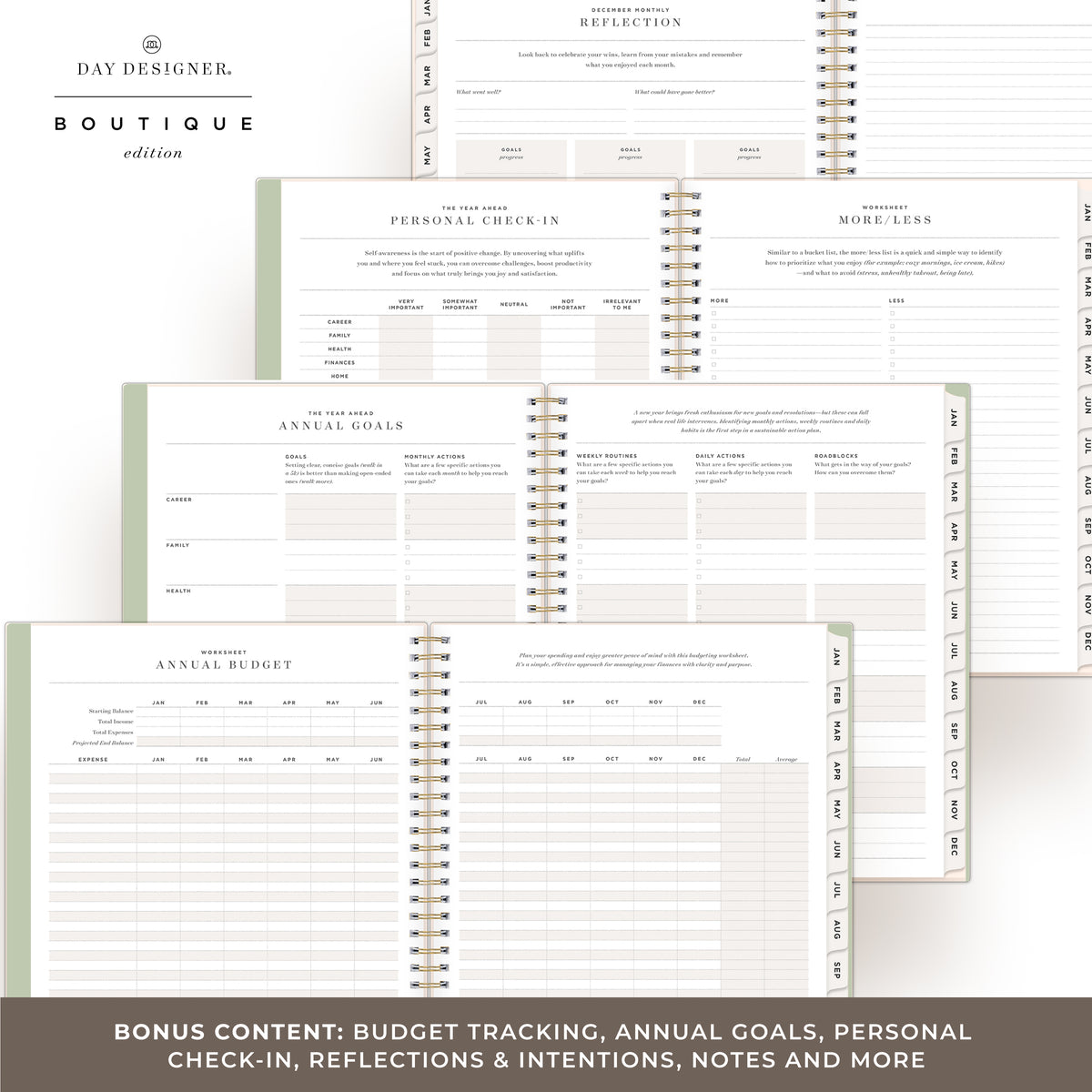 Day Designer Boutique edition spiral-bound planner shown open to multiple interior pages, including reflection, personal check-in, annual goals, and budget tracking pages.
