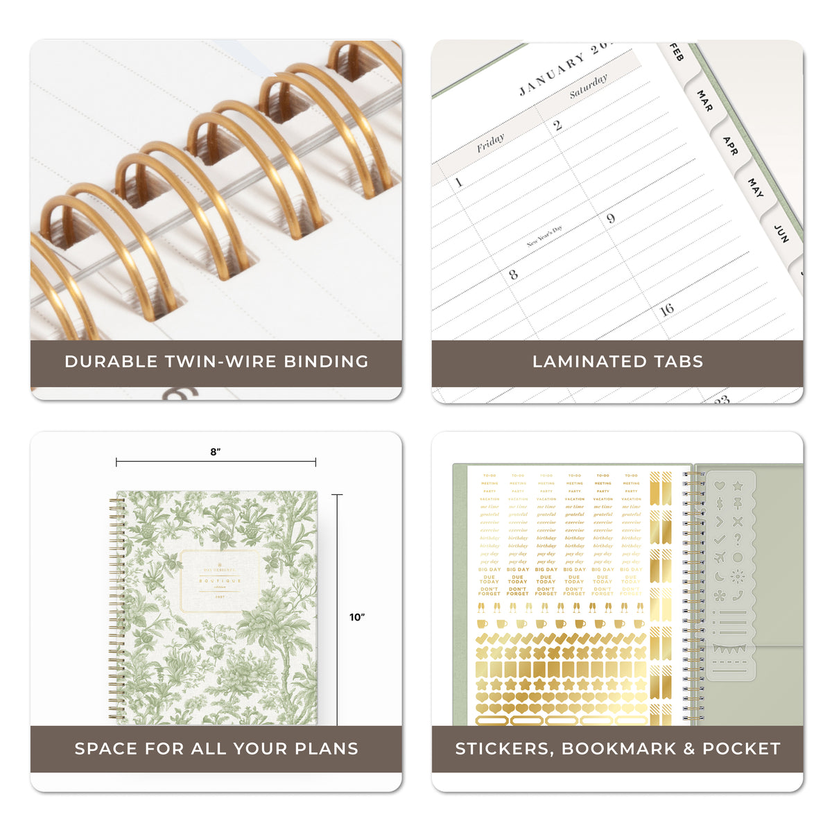 A 2x2 promotional collage for a spiral-bound planner. The top-left panel shows close-up gold twin-wire binding on a white page, gold sticker sheets, and lined writing day blocks from monthly view.