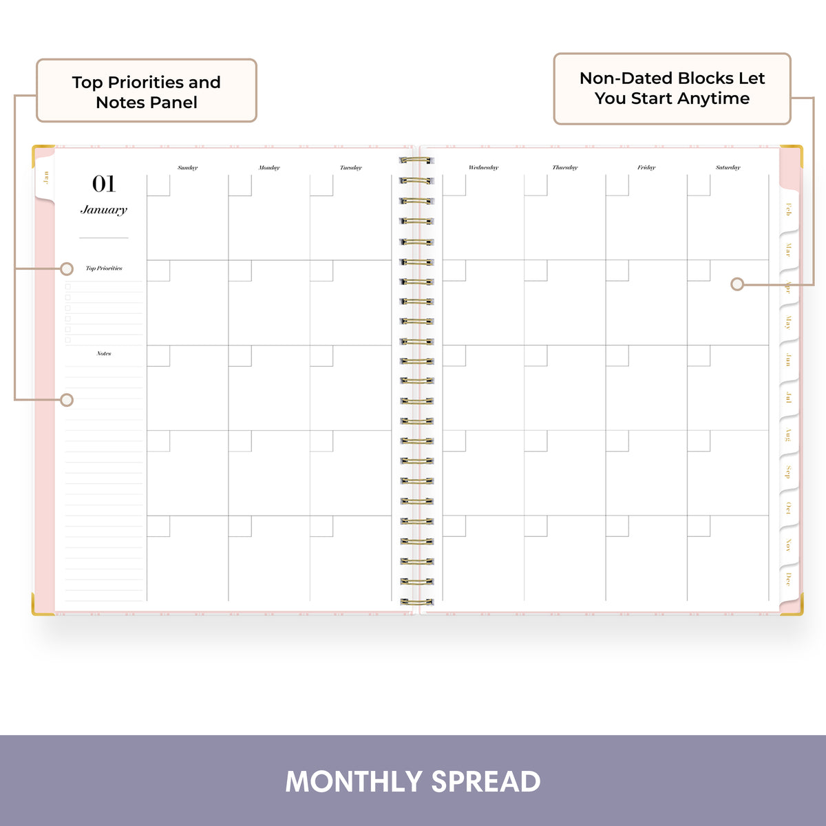 An open spiral-bound monthly planner spread on a white background, with callout boxes explaining features like the top priorities and notes panel and non-dated blocks. A purple banner at the bottom reads &