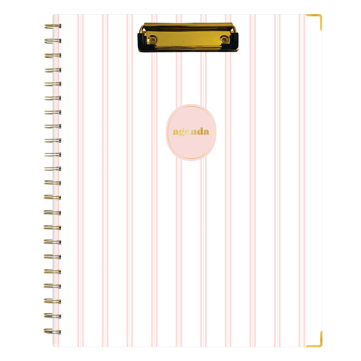 A spiral-bound non-dated planner with a white cover featuring vertical light pink stripes, a gold clip at the top, and a pink oval label in the center with the word &