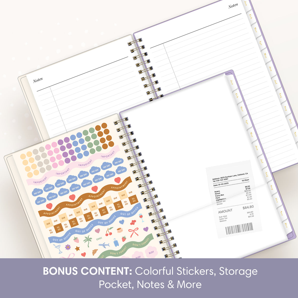 An open spiral-bound planner or notebook with pastel lined pages and a sheet of colorful decorative stickers shown in front. The image includes overlaid text at the bottom reading &