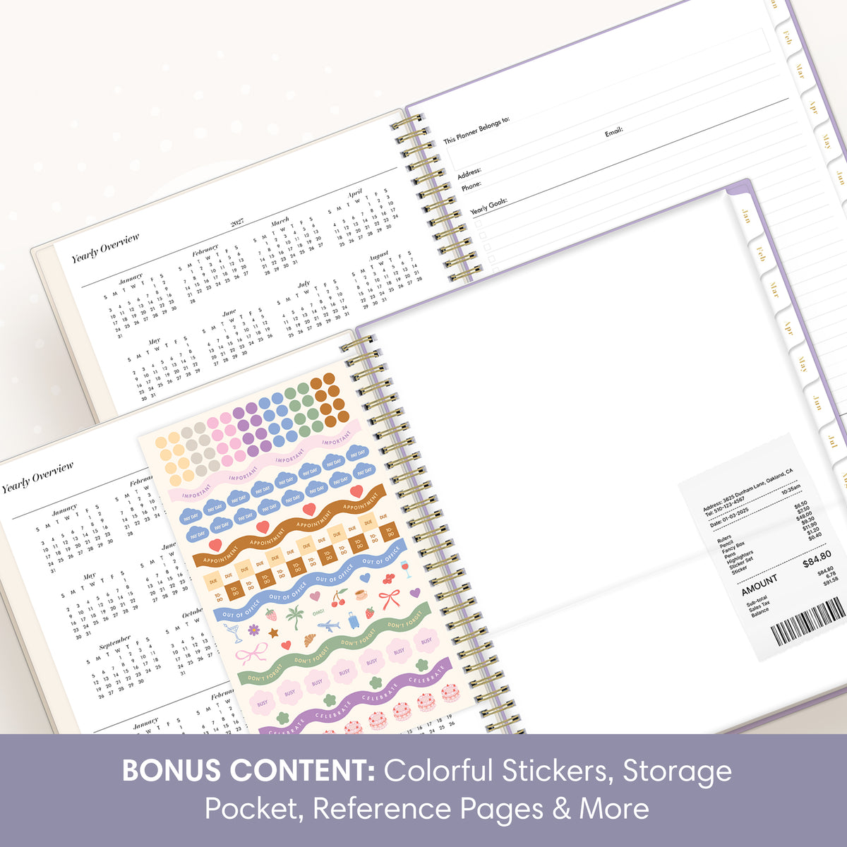 An open spiral-bound planner showing lined pages, tabbed sections, and a sheet of colorful decorative stickers. A purple banner at the bottom reads: &