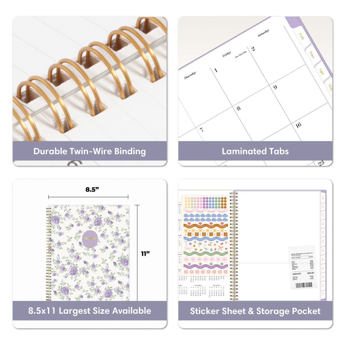 A 2x2 feature infographic for a spiral-bound planner, showing close-ups of gold twin-wire binding, laminated tabs, a floral planner cover with dimensions, and included sticker sheets and a storage pocket.