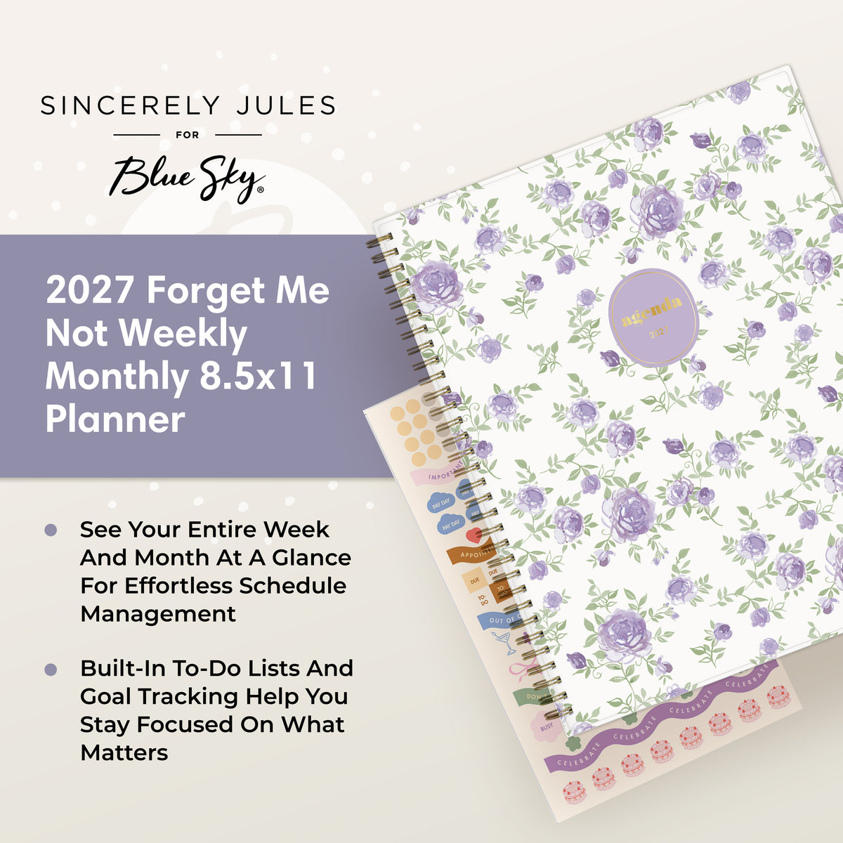 A spiral-bound 2027 Forget Me Not weekly planner shown at an angle on a light beige background. The cover has a white base with a purple and green forget-me-not floral pattern, a lavender circular logo, and visible sticker sheet included
