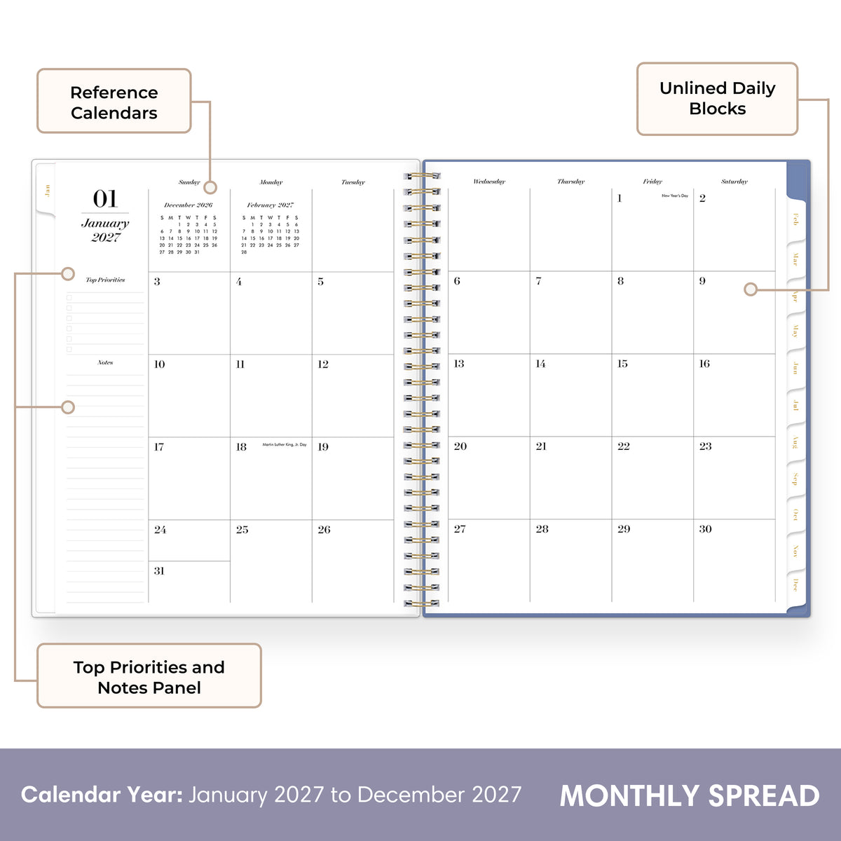 An open spiral-bound planner showing a monthly calendar spread with labeled features including reference calendars, unlined daily blocks, top priorities and notes panel, and a calendar year from January 2027 to December 2027.