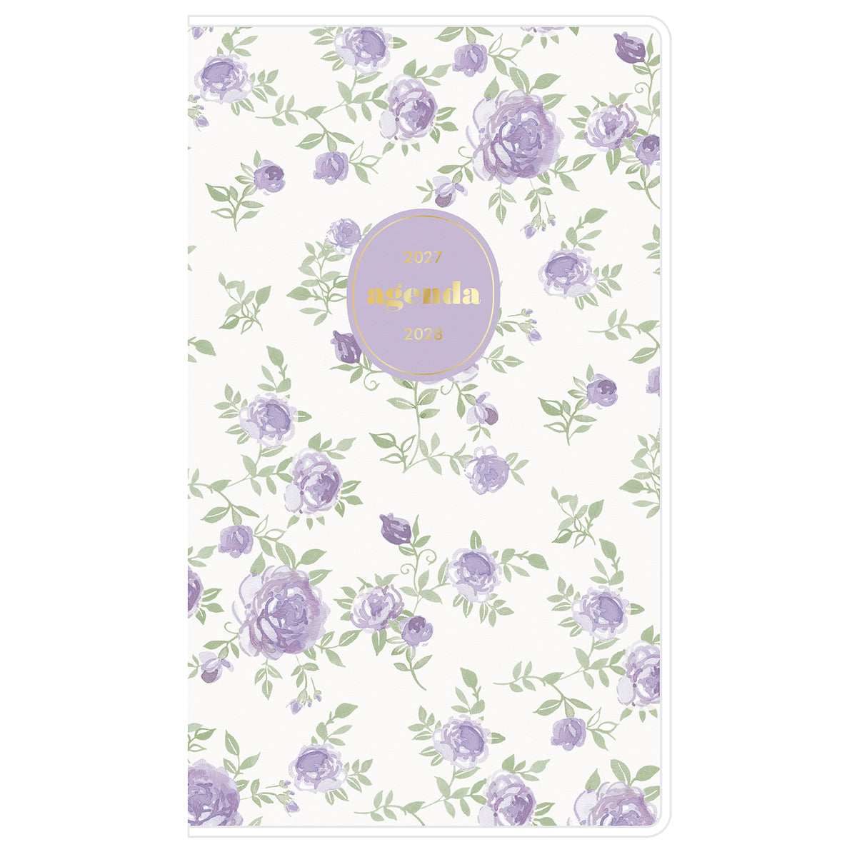 A vertical floral 24 month monthly planner agenda with a white background, decorated with a repeating pattern of light purple roses and green leaves. A lavender oval label in the center reads &