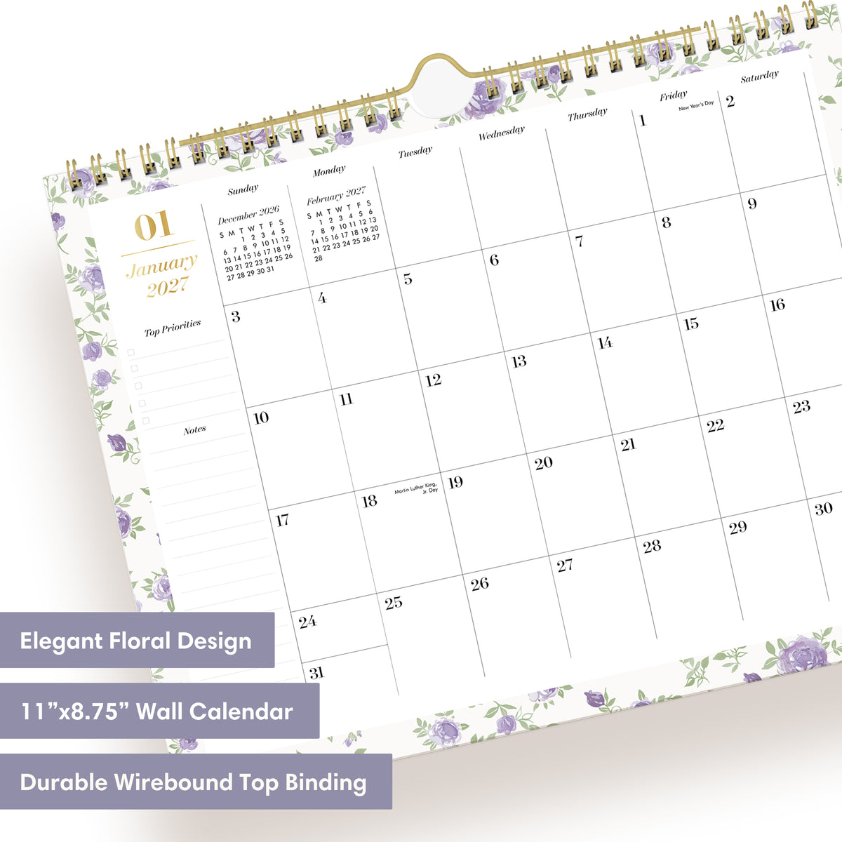 A spiral-bound monthly calendar page for January 2027, featuring a white background with light purple floral borders and gold accents, including a gold spiral binding and a gold clip at the top.