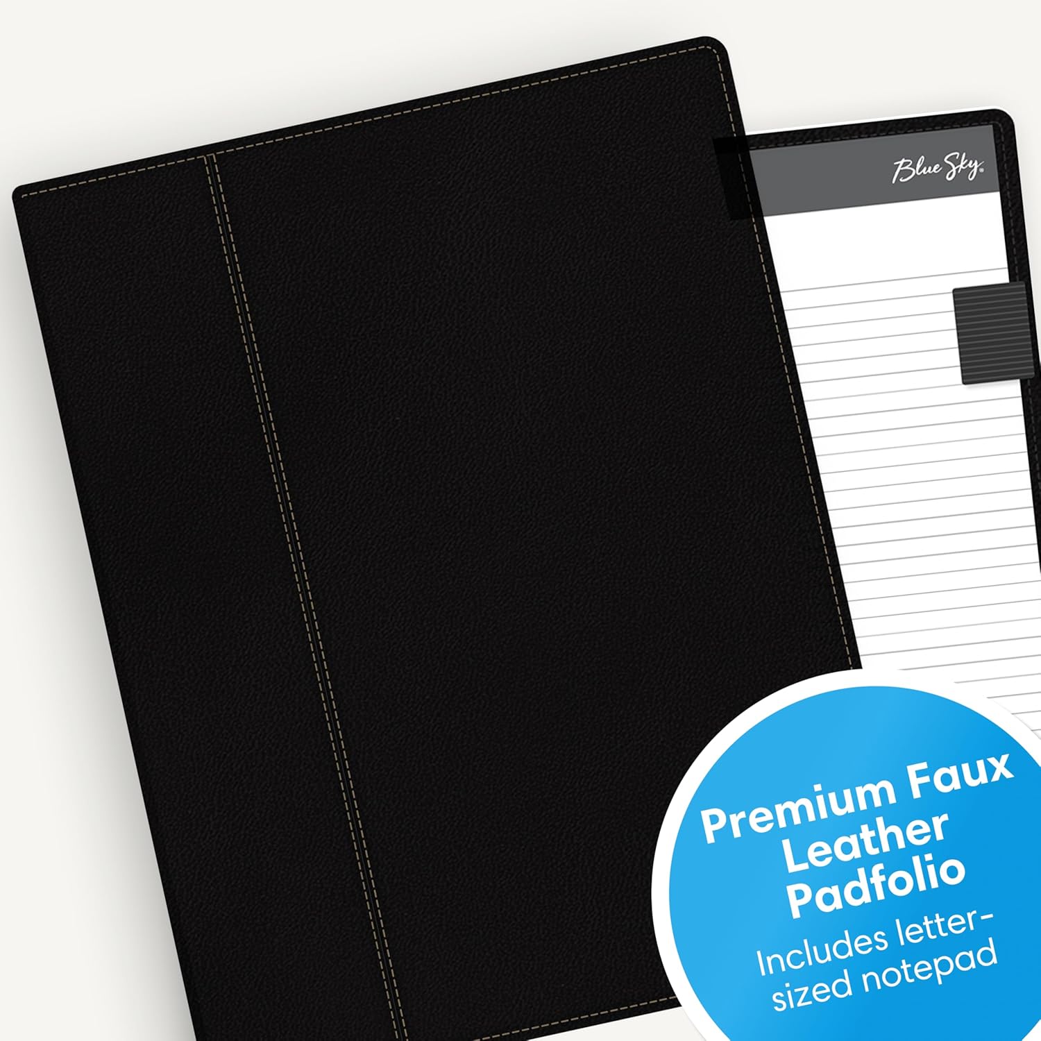 padfolio organizer in black by blue sky includes a 8.5x11 notepad with lined writing space, card holder, and storage pocket.