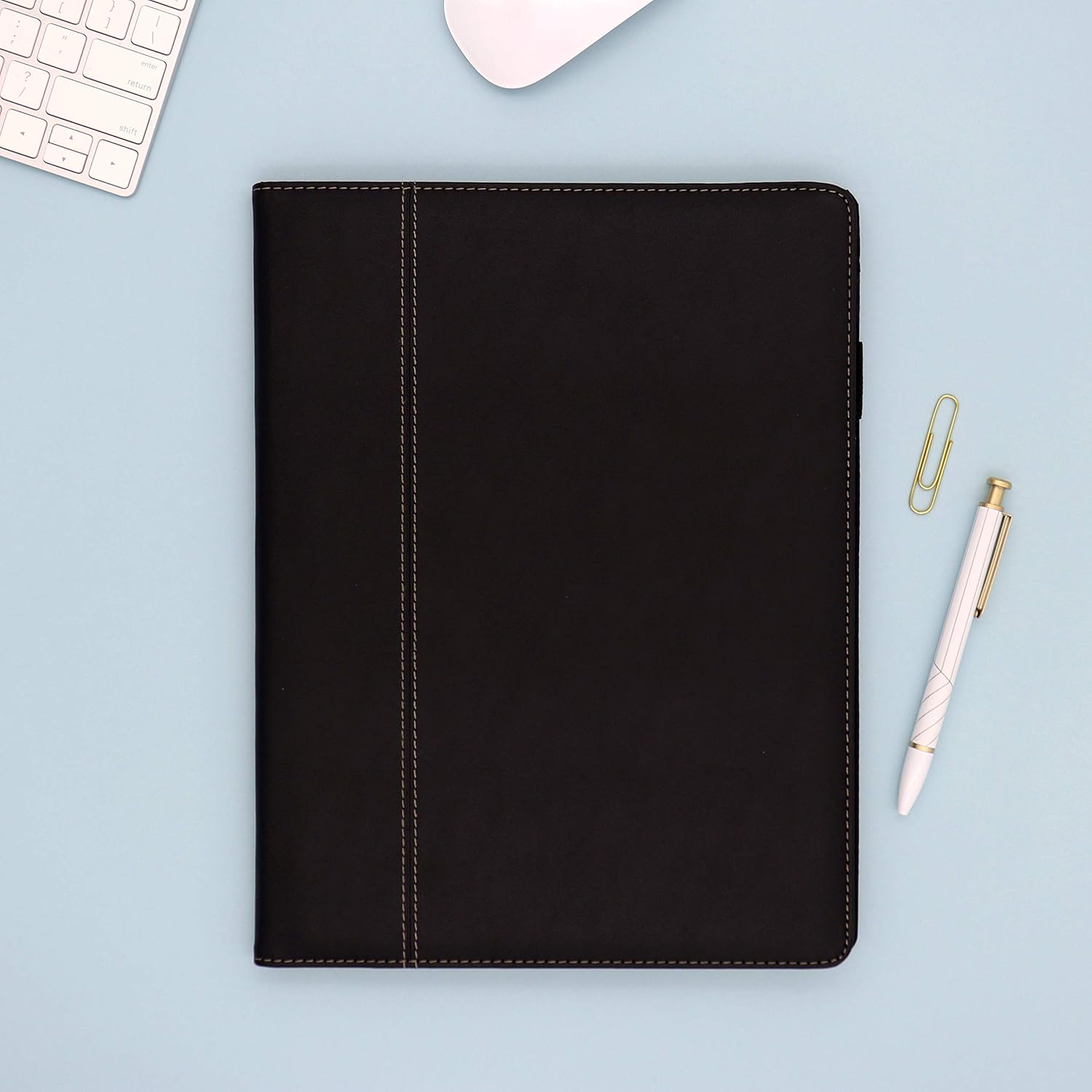 padfolio organizer in black by blue sky includes a 8.5x11 notepad with lined writing space, card holder, and storage pocket.