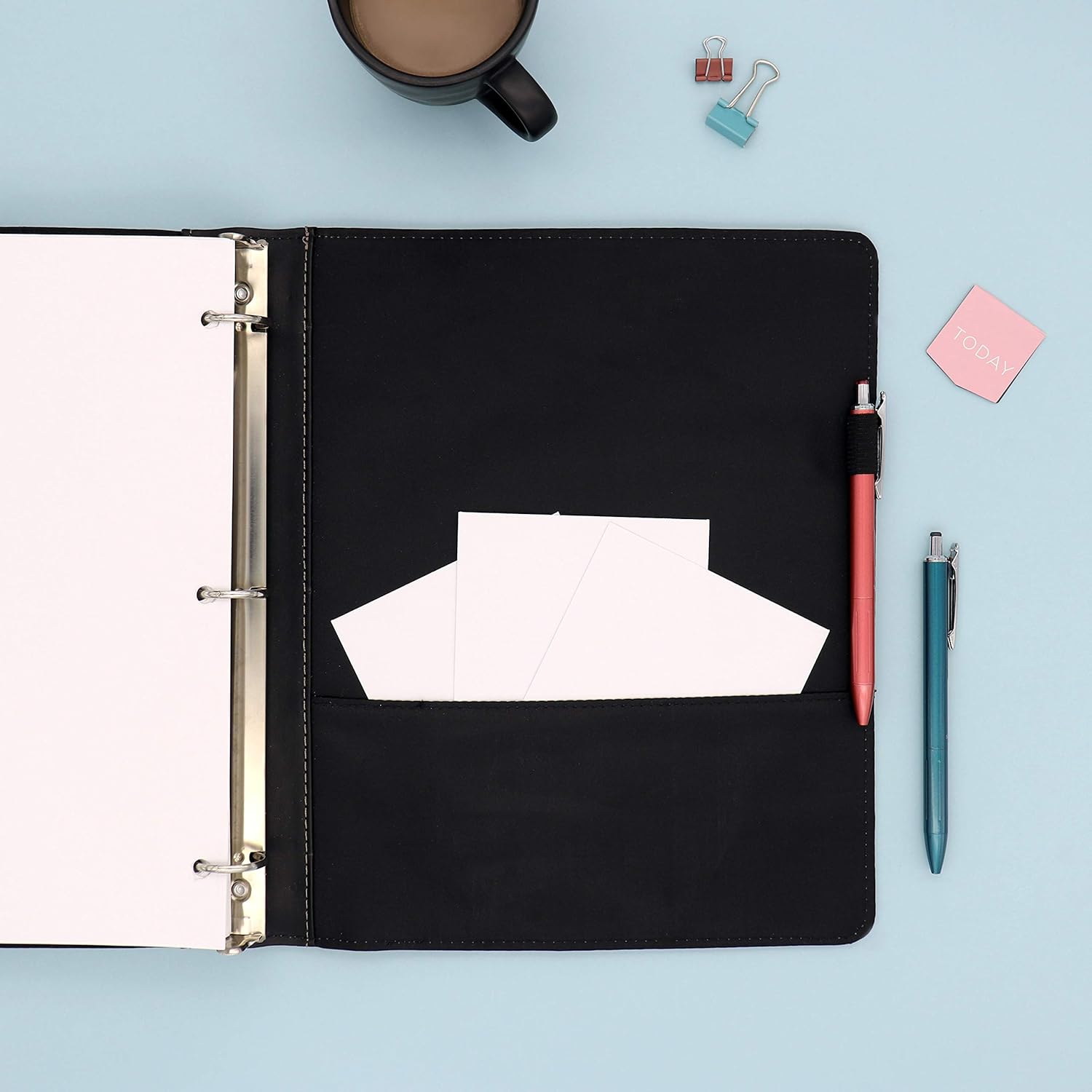 1" pro view binder 6-pack featuring a clear front cover for presentations, projects, etc. 3 hole binder and wrapped in faux leather with storage pockets and business card holder, and pen loop