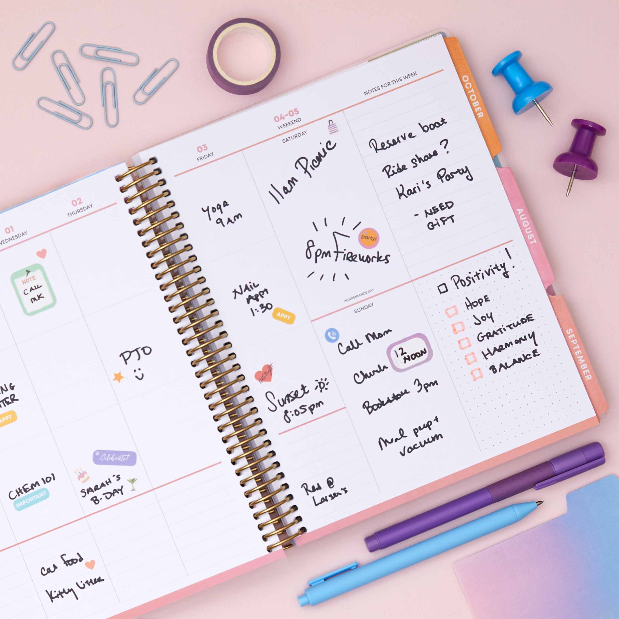 this july 2026 - june 2027 planner features a monthly spread with ample writing space for each day, monthly reference calendar, sections for note taking, bullet points, and check lists.