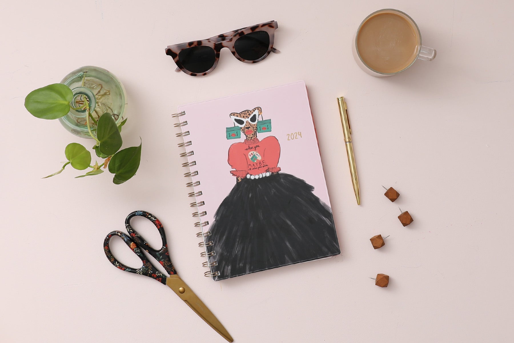 January 2024 - December 2024 weekly monthly planner gold wire-o cheetah with dress